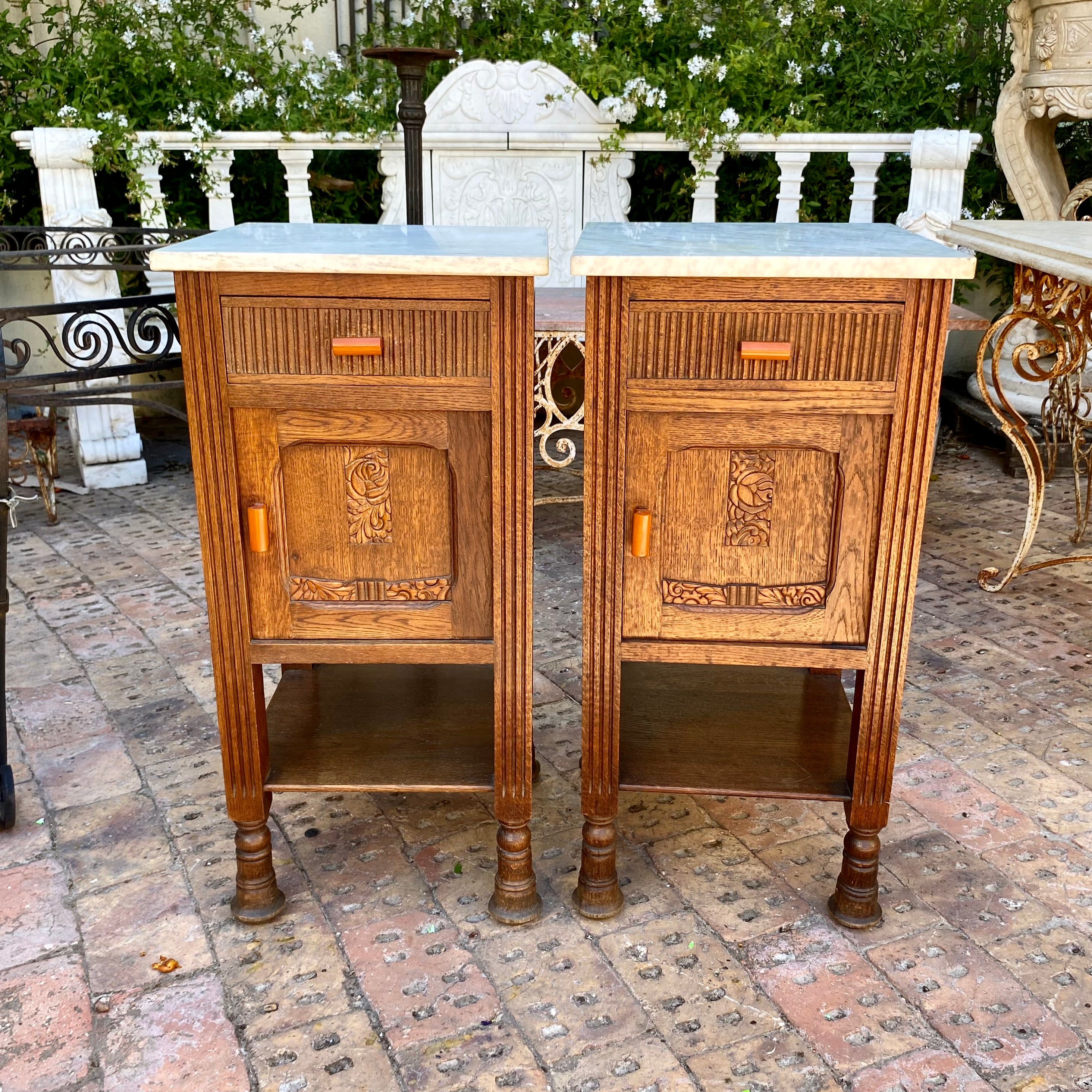 Antique Carved Oak Bedside Pedestals with Marble Top - SOLD