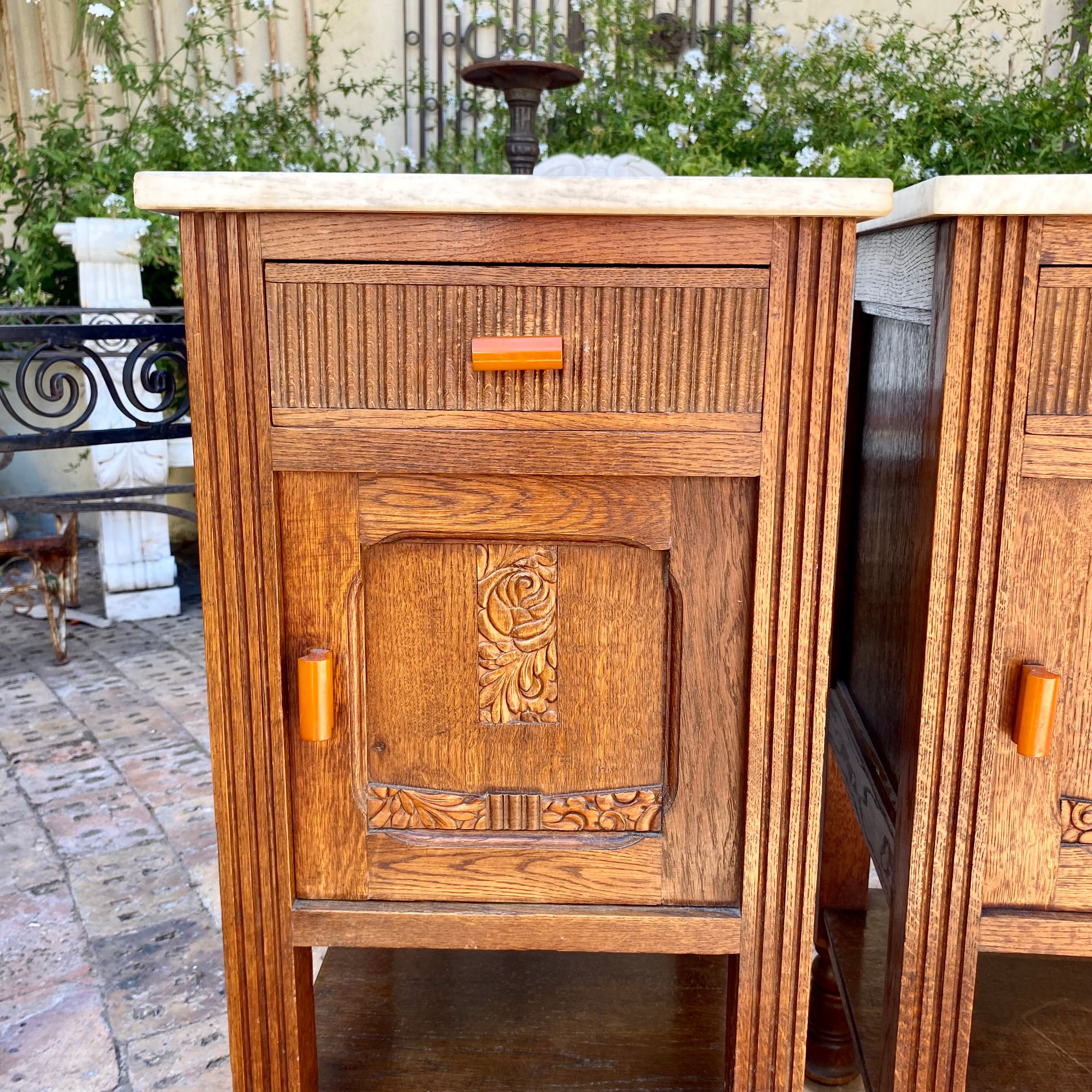 Antique Carved Oak Bedside Pedestals with Marble Top - SOLD