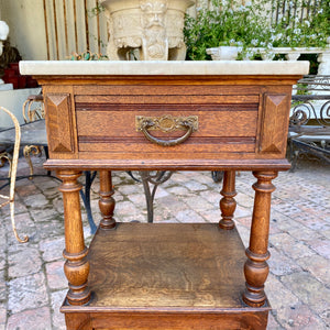 Single Antique Oak Bedside Pedestal with Marble Top