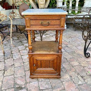 Single Antique Oak Bedside Pedestal with Marble Top