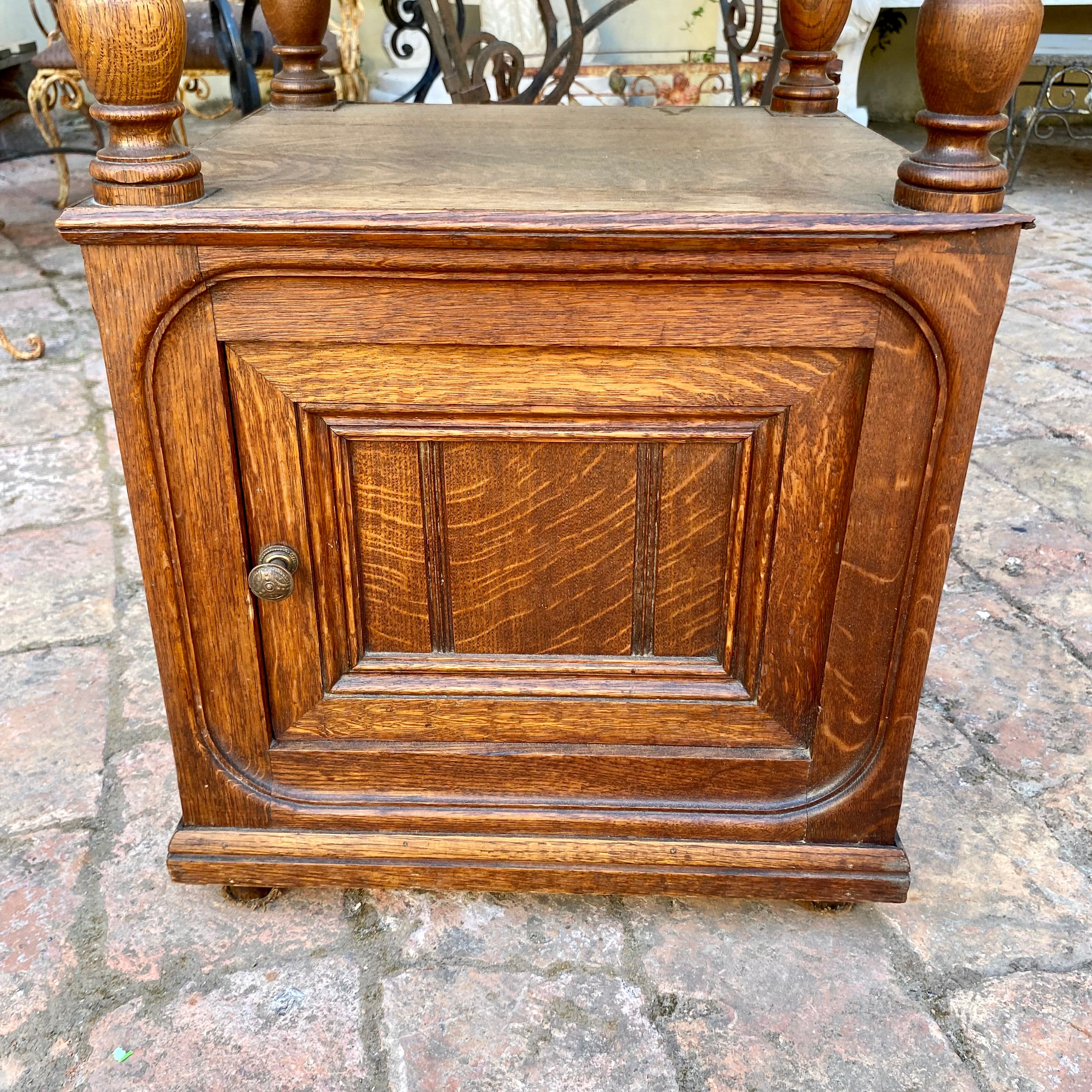 Single Antique Oak Bedside Pedestal with Marble Top