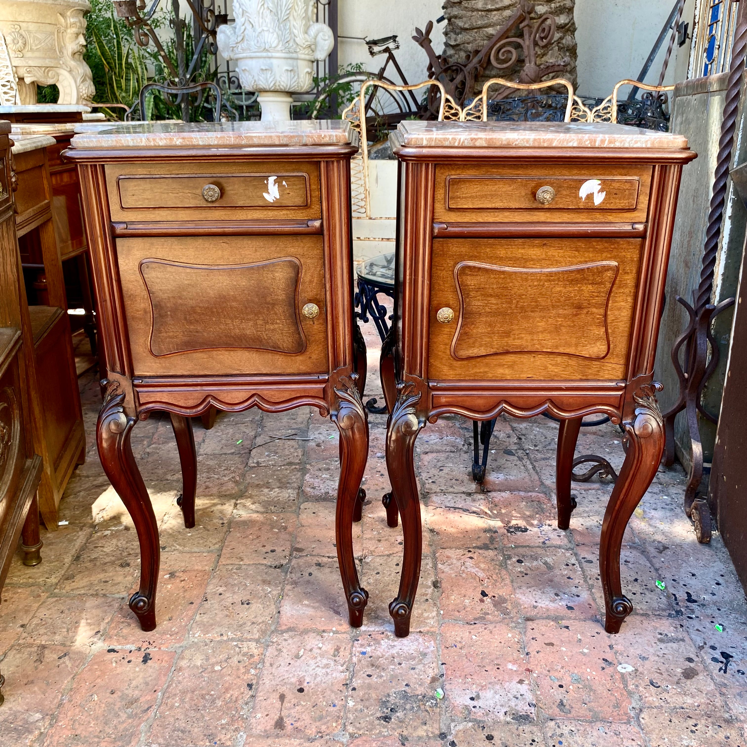 Antique Walnut Bedside Pedestals with Marble Top