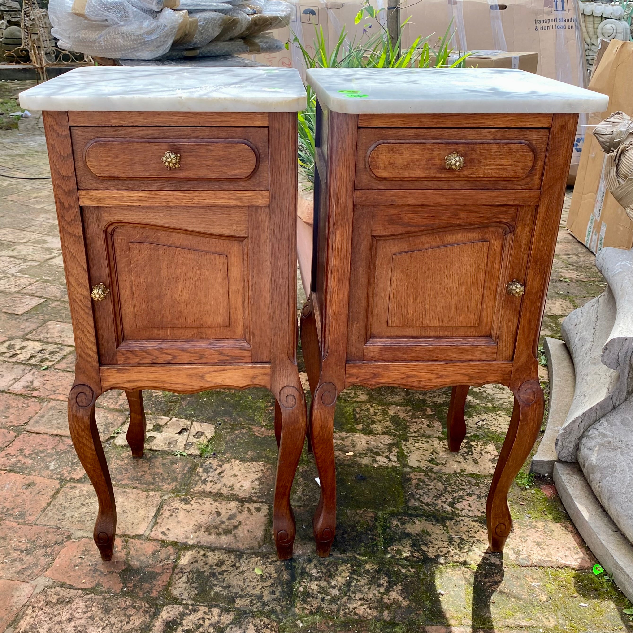 Antique Oak Pedestals with Marble Tops - SOLD