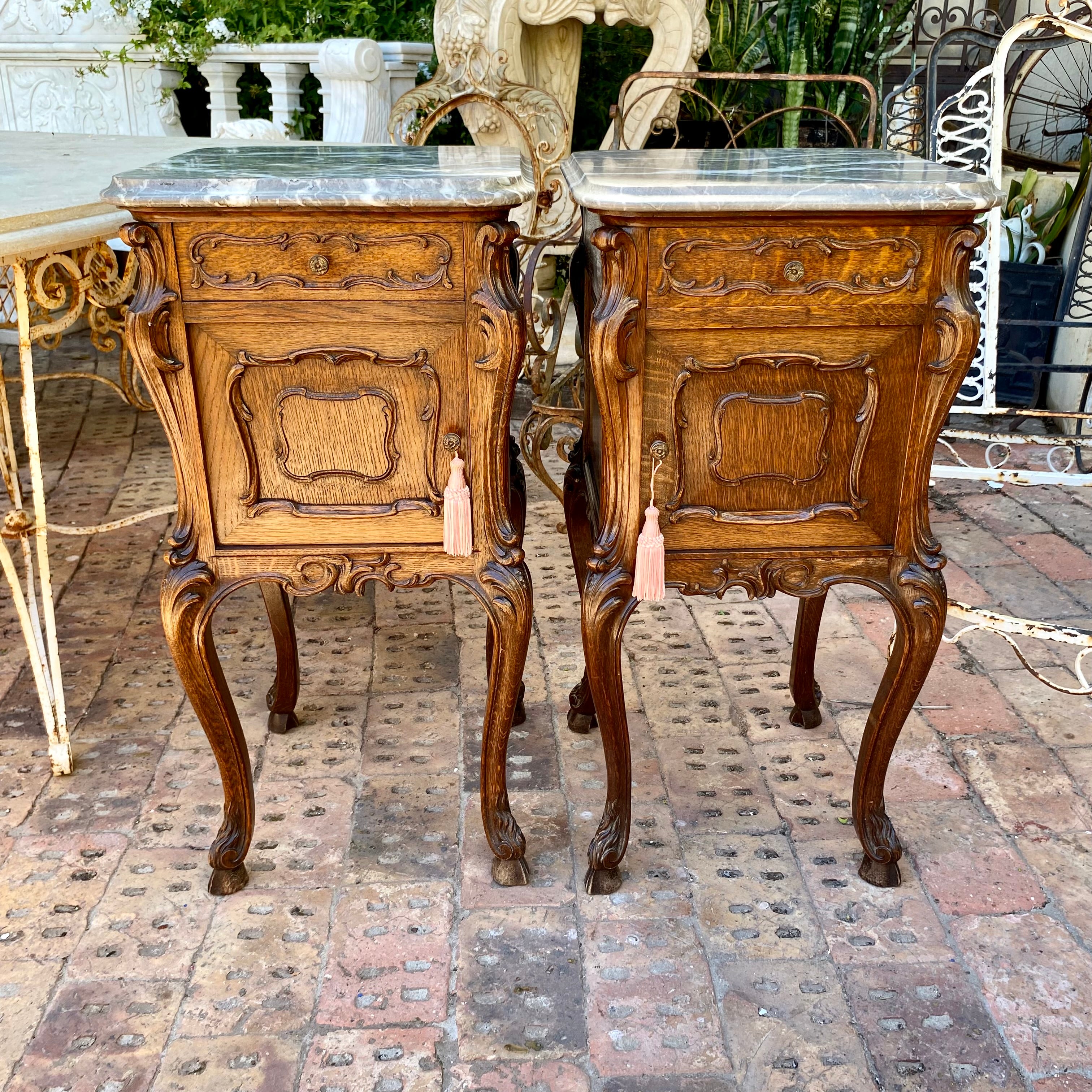 Pair of Art Nouveau Oak Bedside Pedestals with Marble Top - SOLD