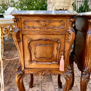 Pair of Art Nouveau Oak Bedside Pedestals with Marble Top - SOLD