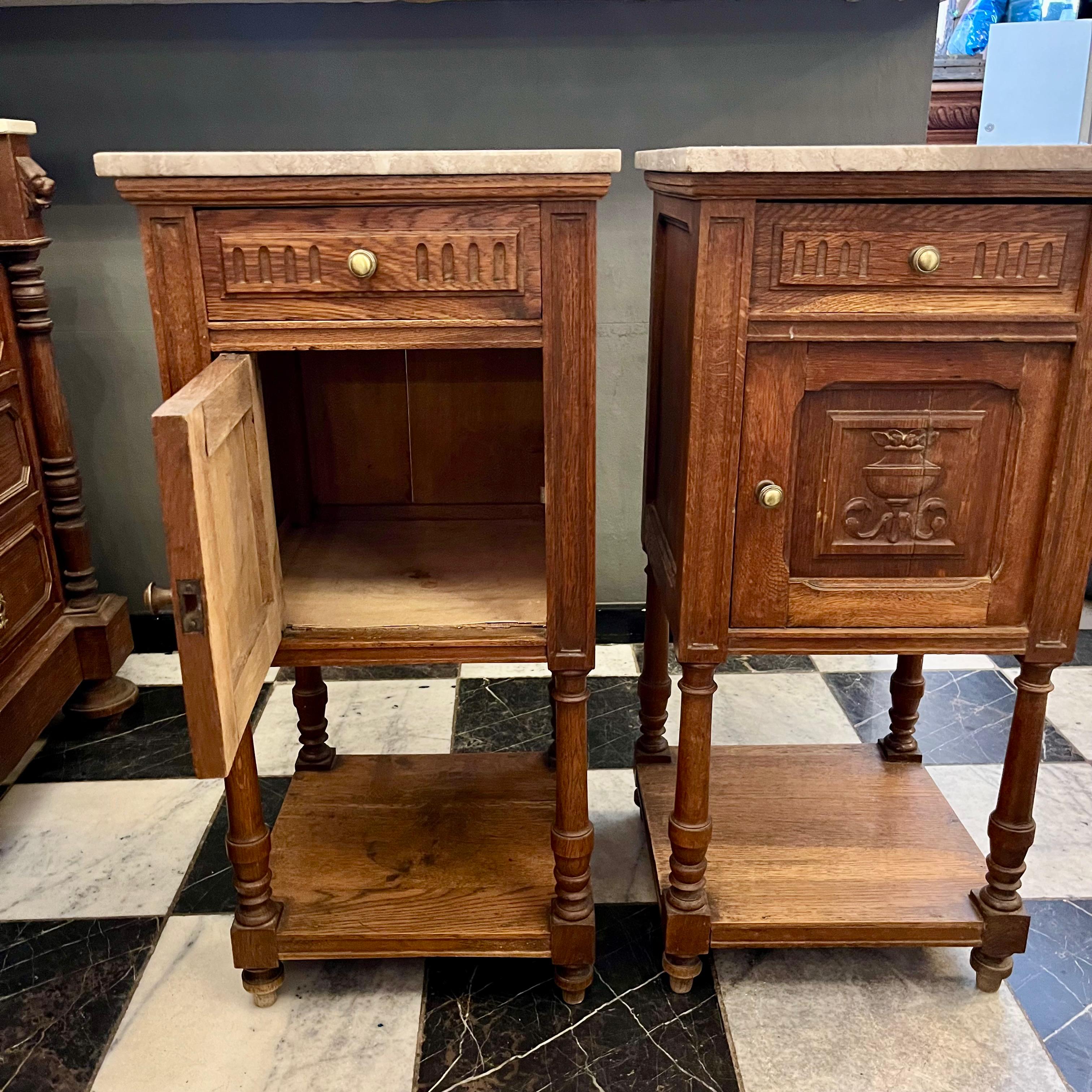 Pair of Antique French Oak Pedestal with Beige Marble