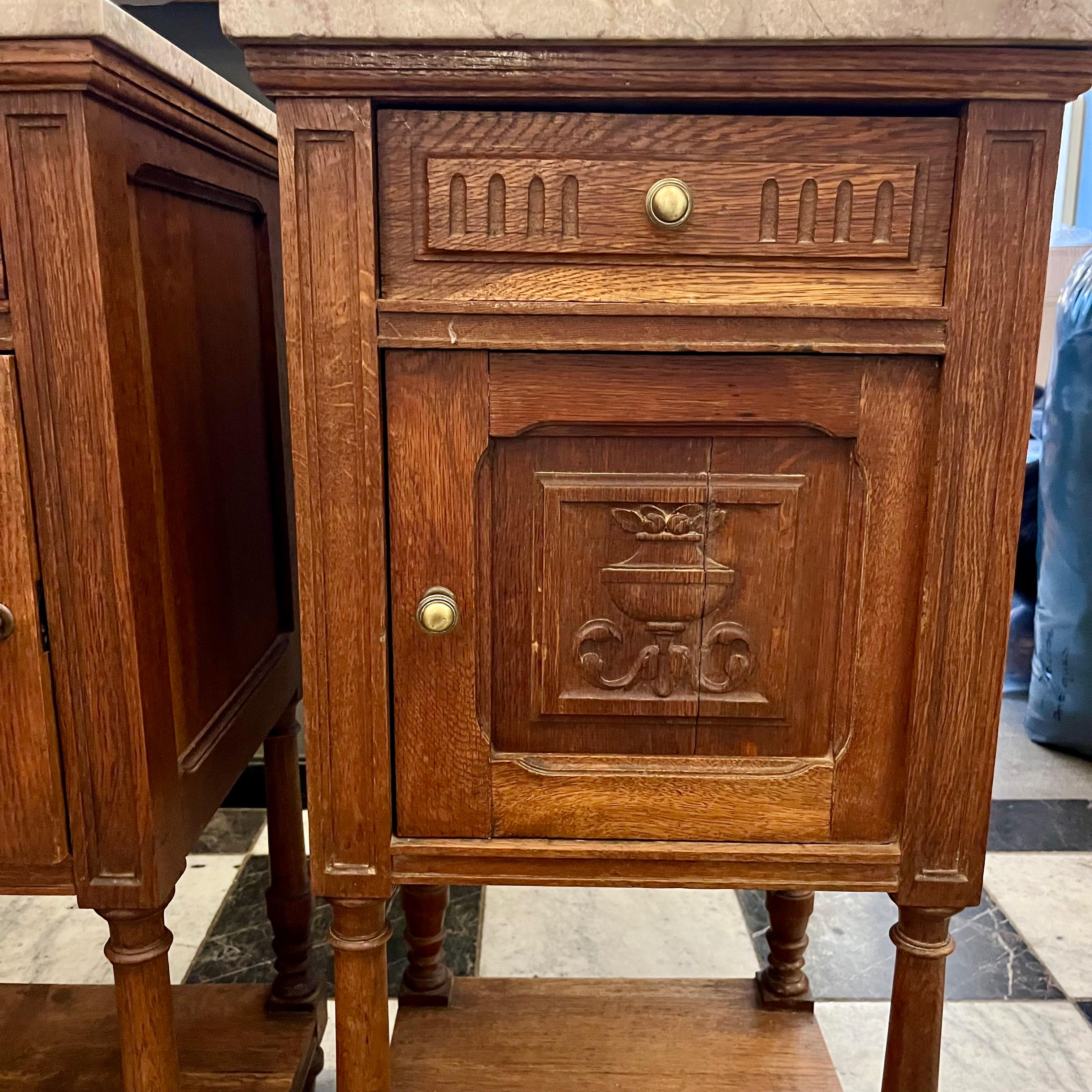 Pair of Antique French Oak Pedestal with Beige Marble