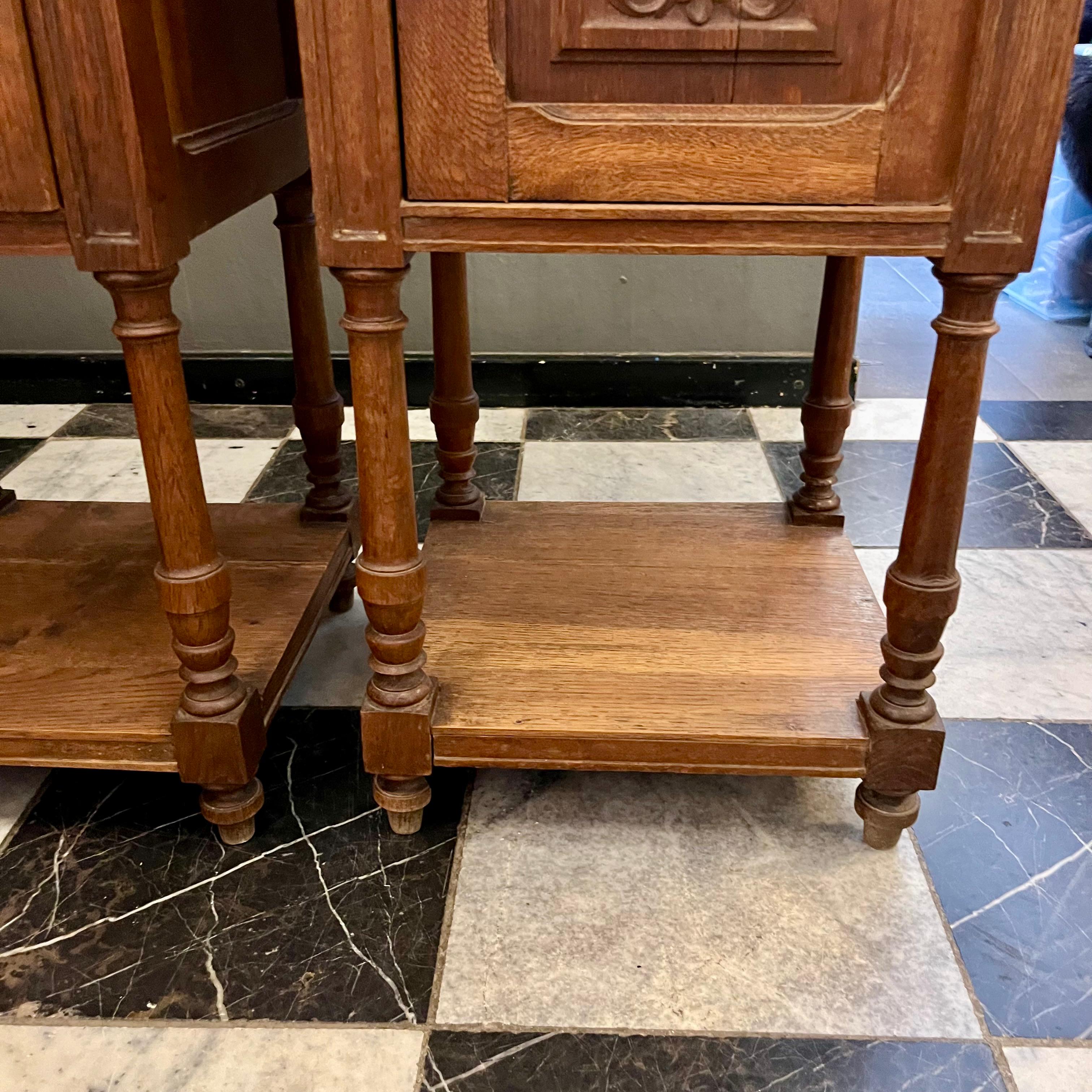 Pair of Antique French Oak Pedestal with Beige Marble