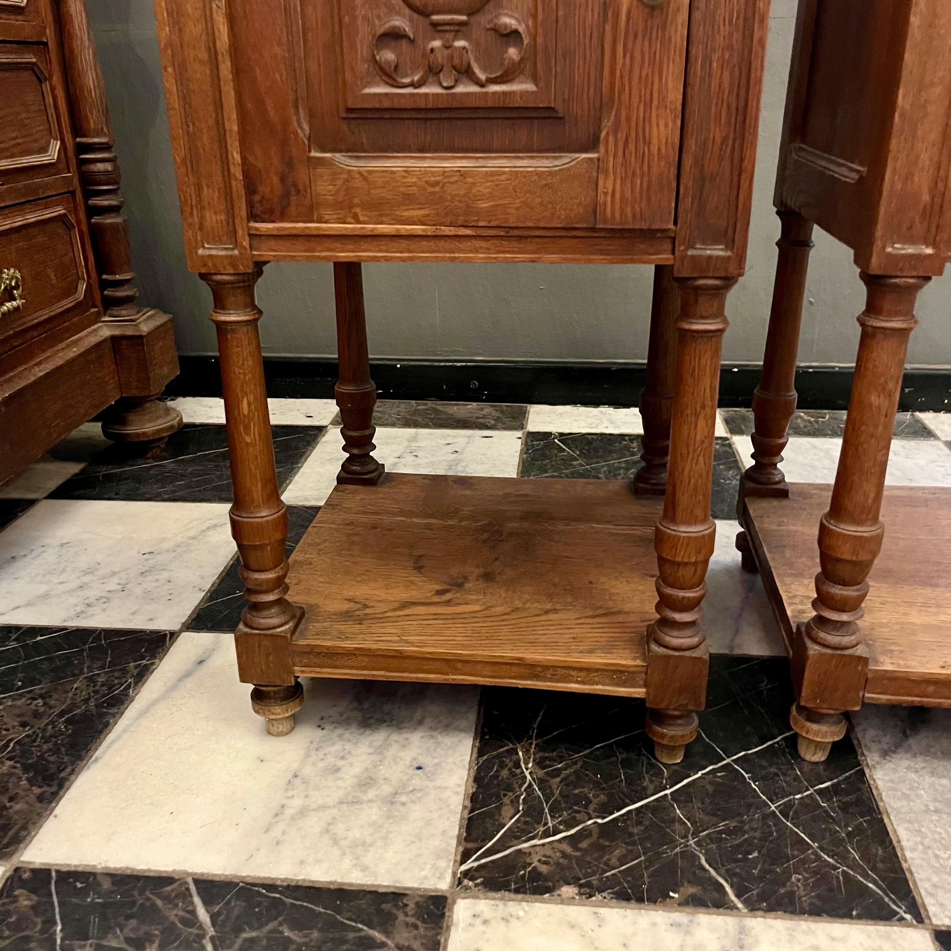 Pair of Antique French Oak Pedestal with Beige Marble