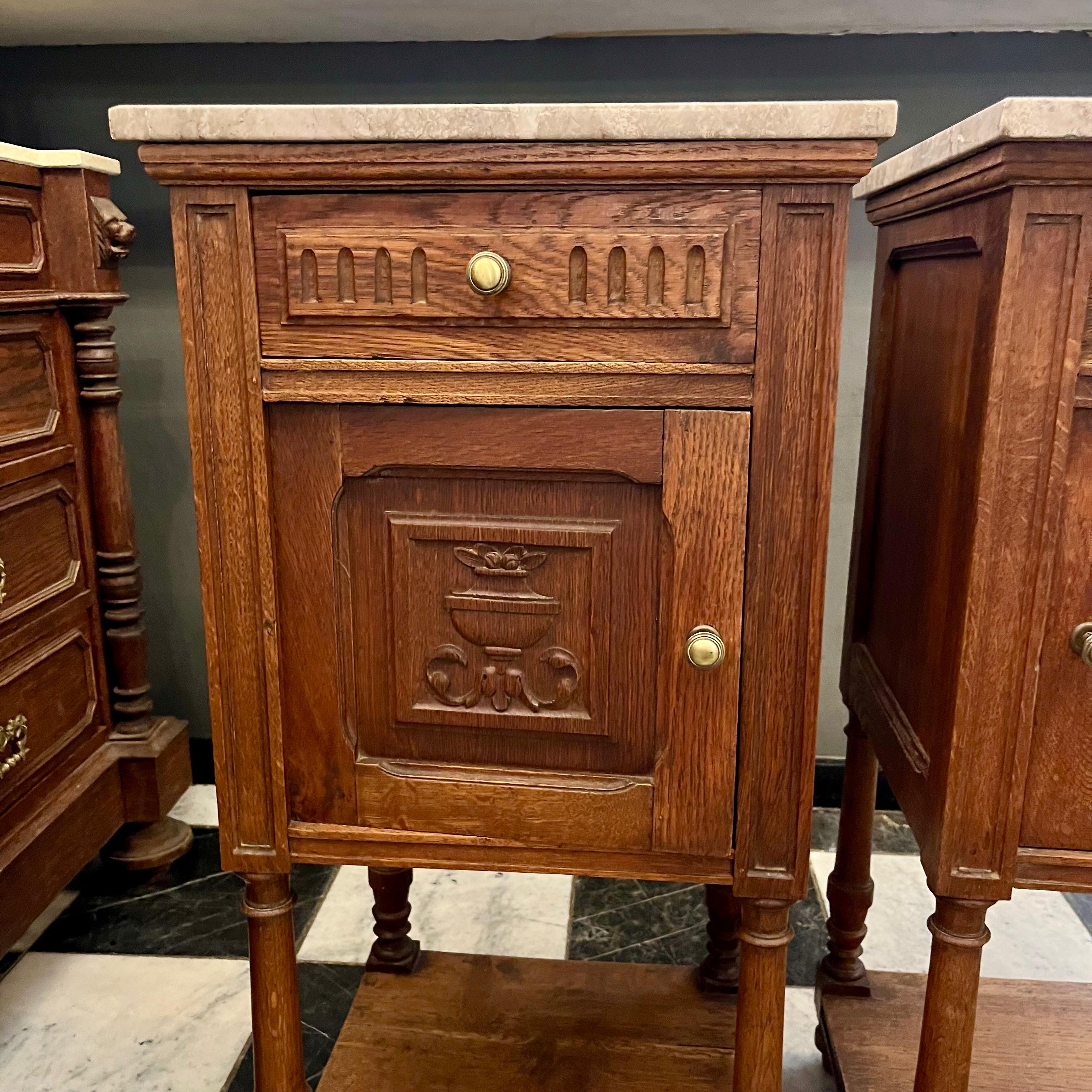 Pair of Antique French Oak Pedestal with Beige Marble