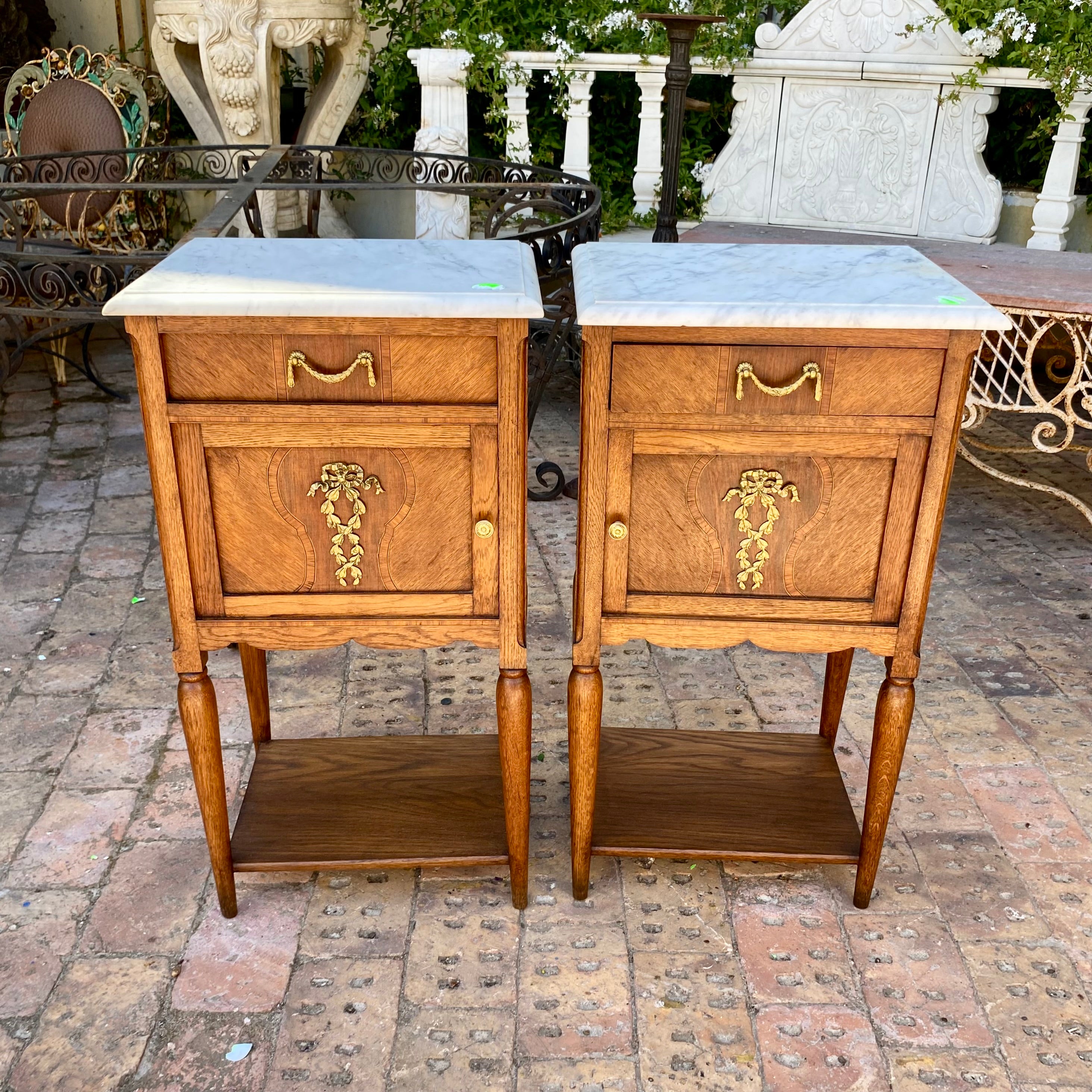 Gorgeous Pair of Antique Oak Bedside Pedestals with Cast Brass Detailing - SOLD