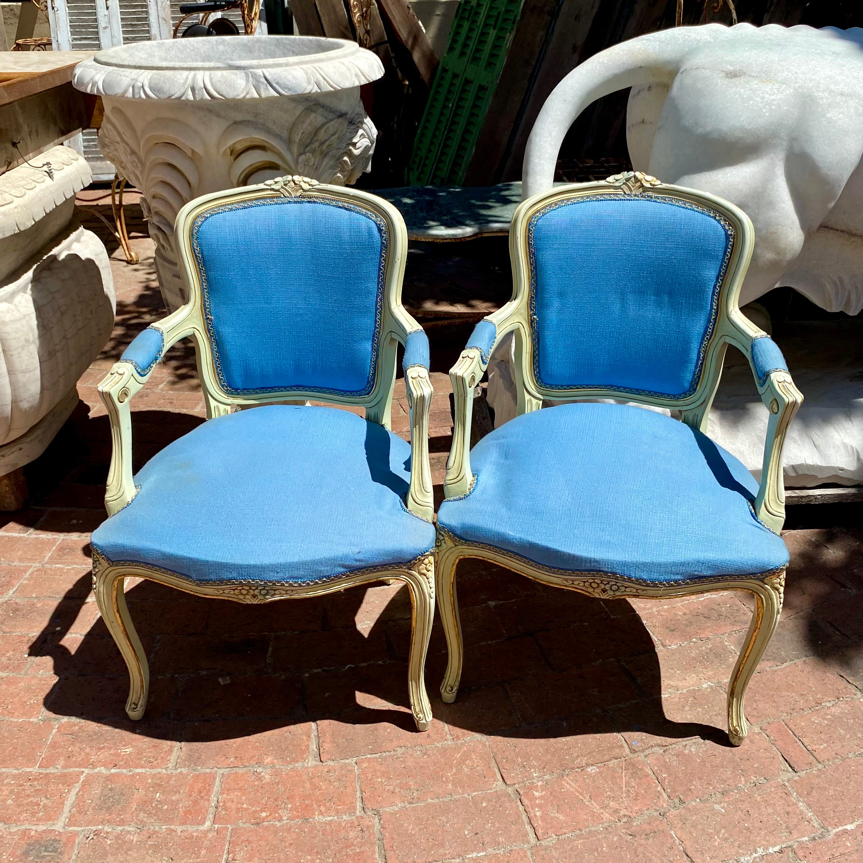 Pair of Cream and Gilt Salon Chairs with Ocean Blue Upholstrey