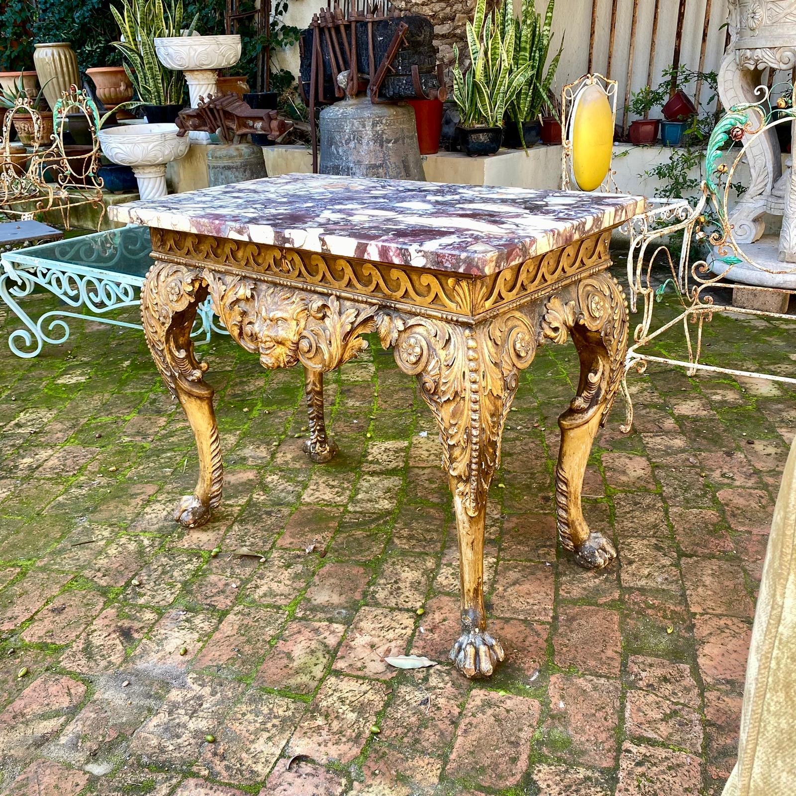 Antique Heavily Carved Gilded Console with Mottled Marble Top