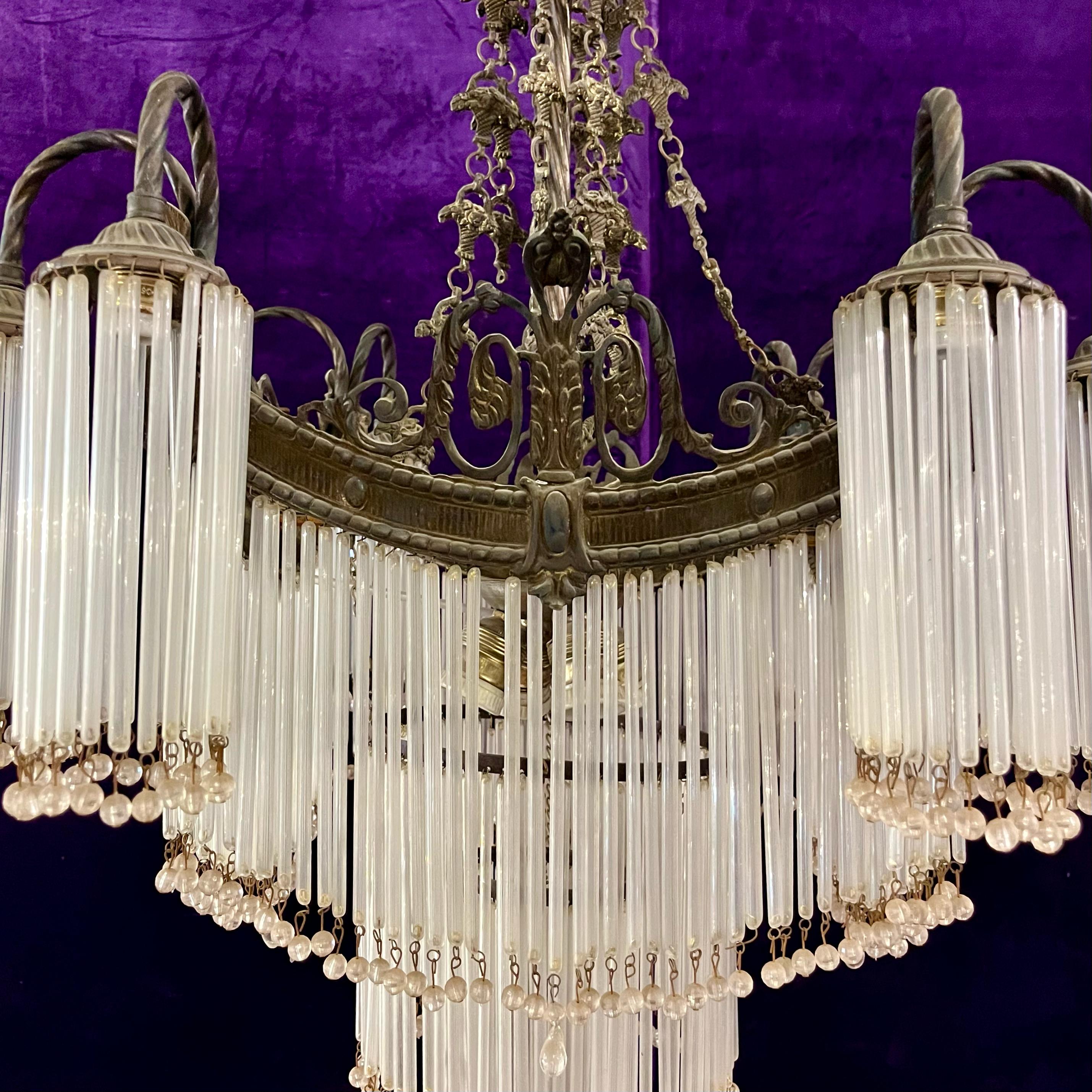 Large Tiered Brass and Glass Fringe Chandelier, c. 1910s–1920s