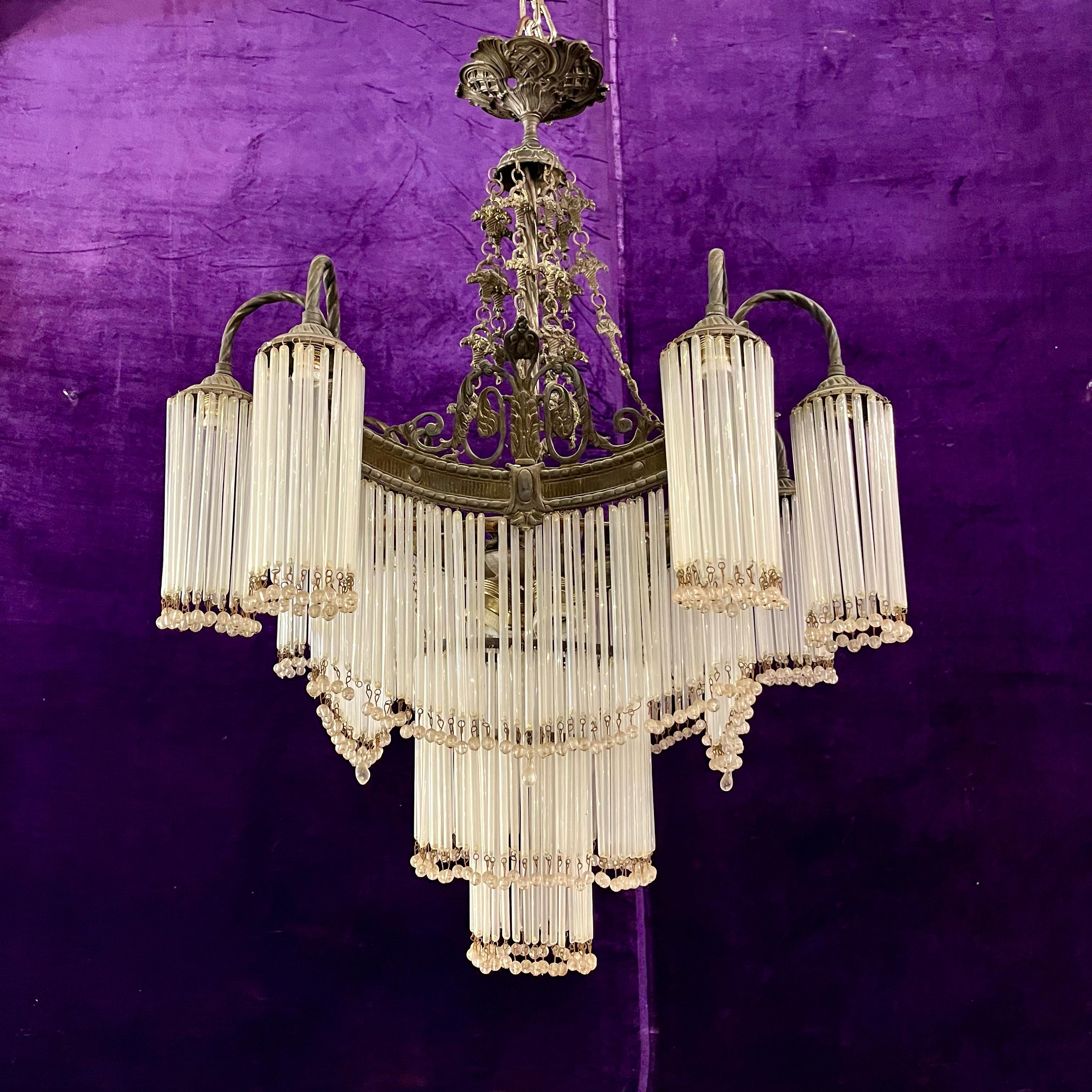 Large Tiered Brass and Glass Fringe Chandelier, c. 1910s–1920s