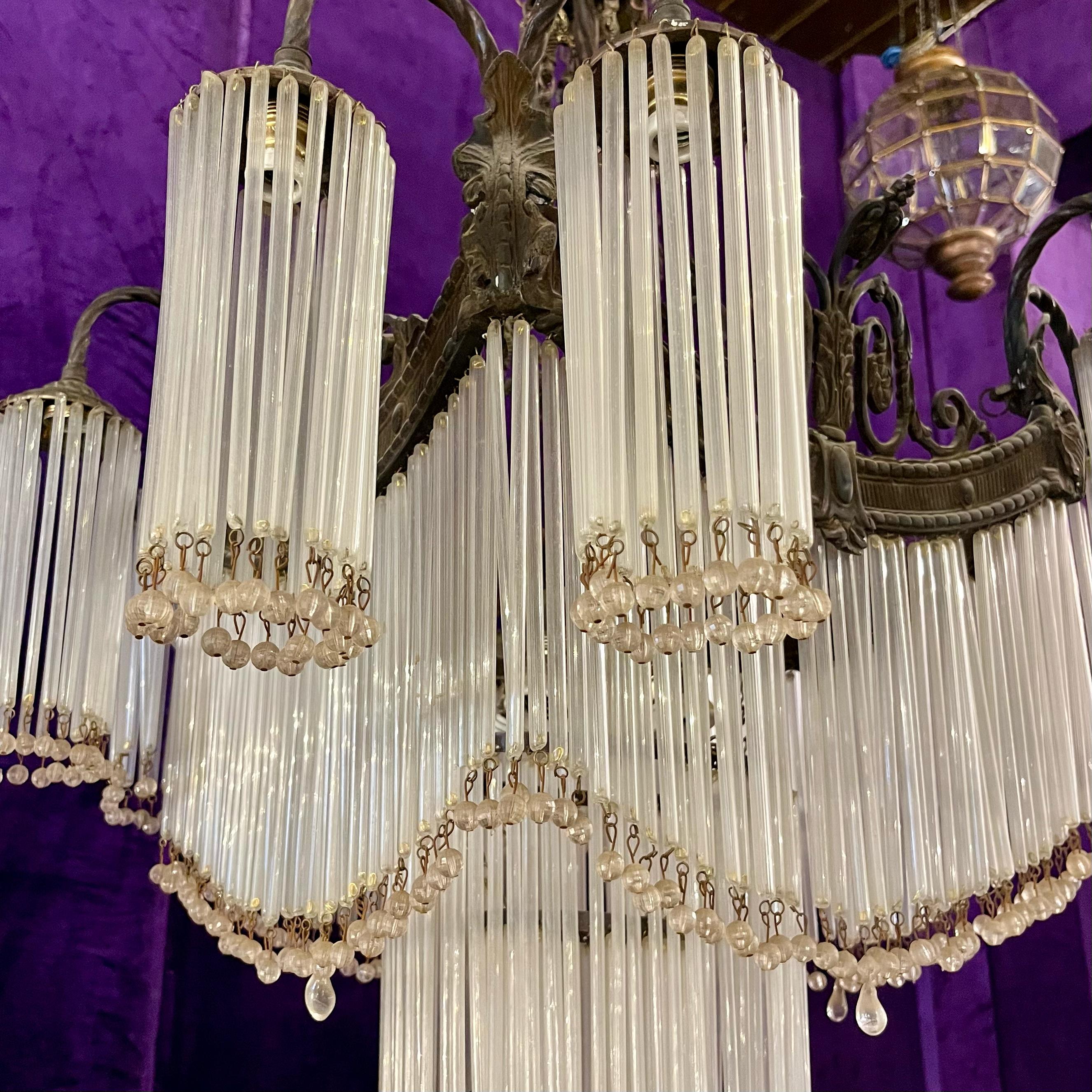 Large Tiered Brass and Glass Fringe Chandelier, c. 1910s–1920s