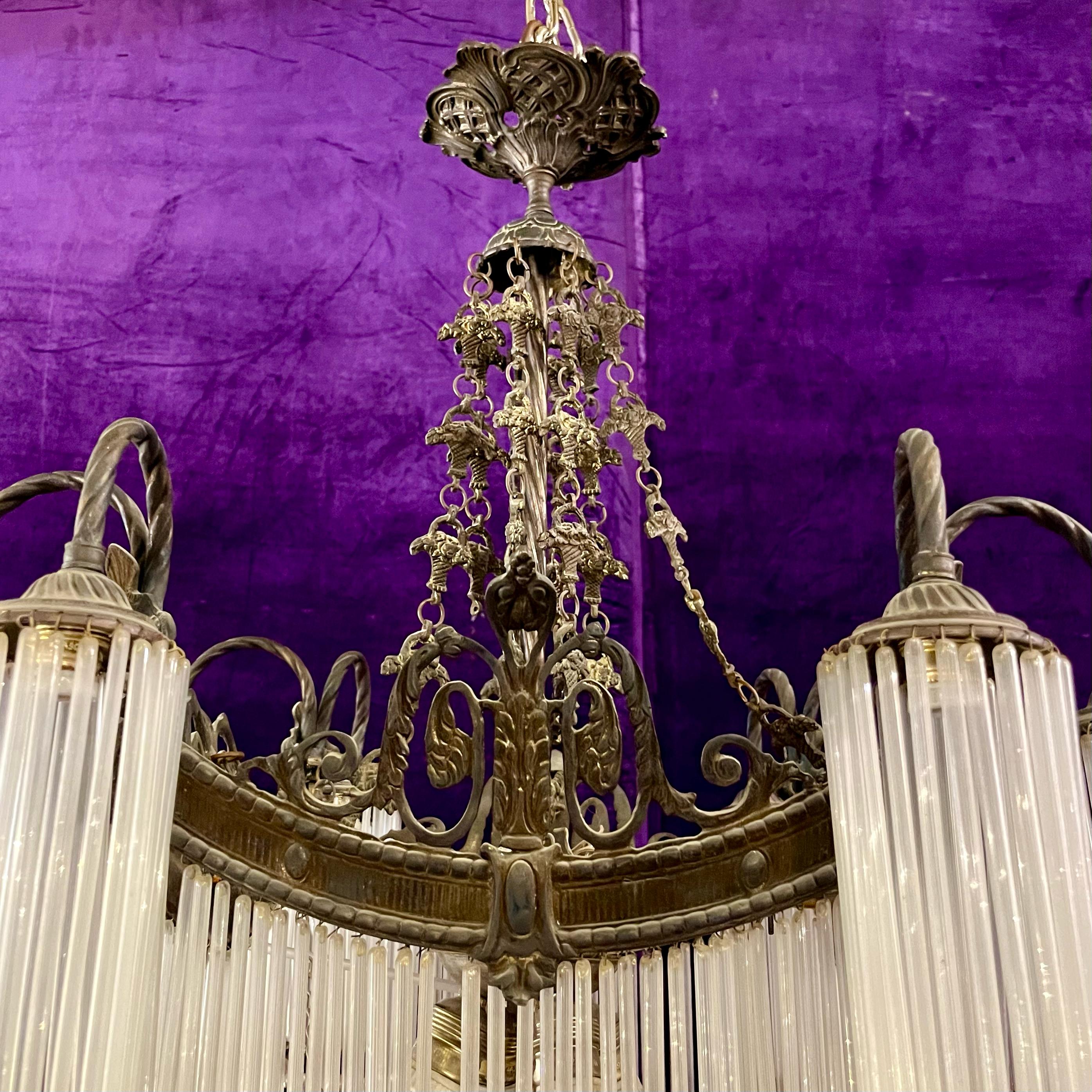 Large Tiered Brass and Glass Fringe Chandelier, c. 1910s–1920s