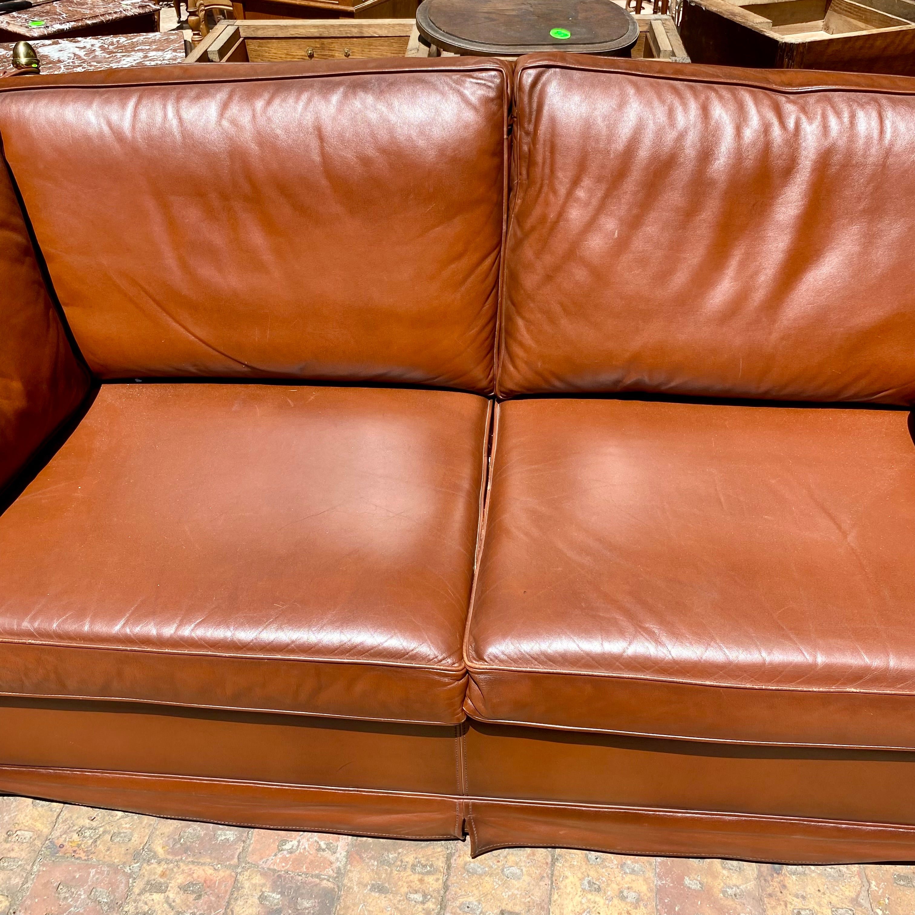 Antique Tan Leather Two Seater Sofa