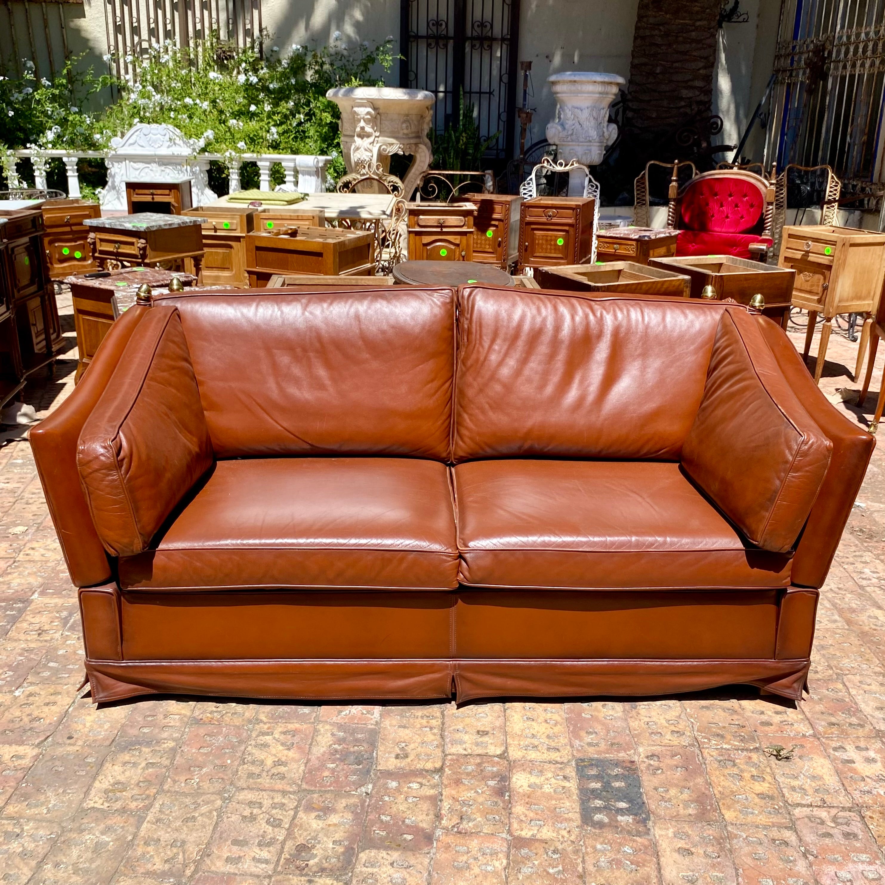 Antique Tan Leather Two Seater Sofa