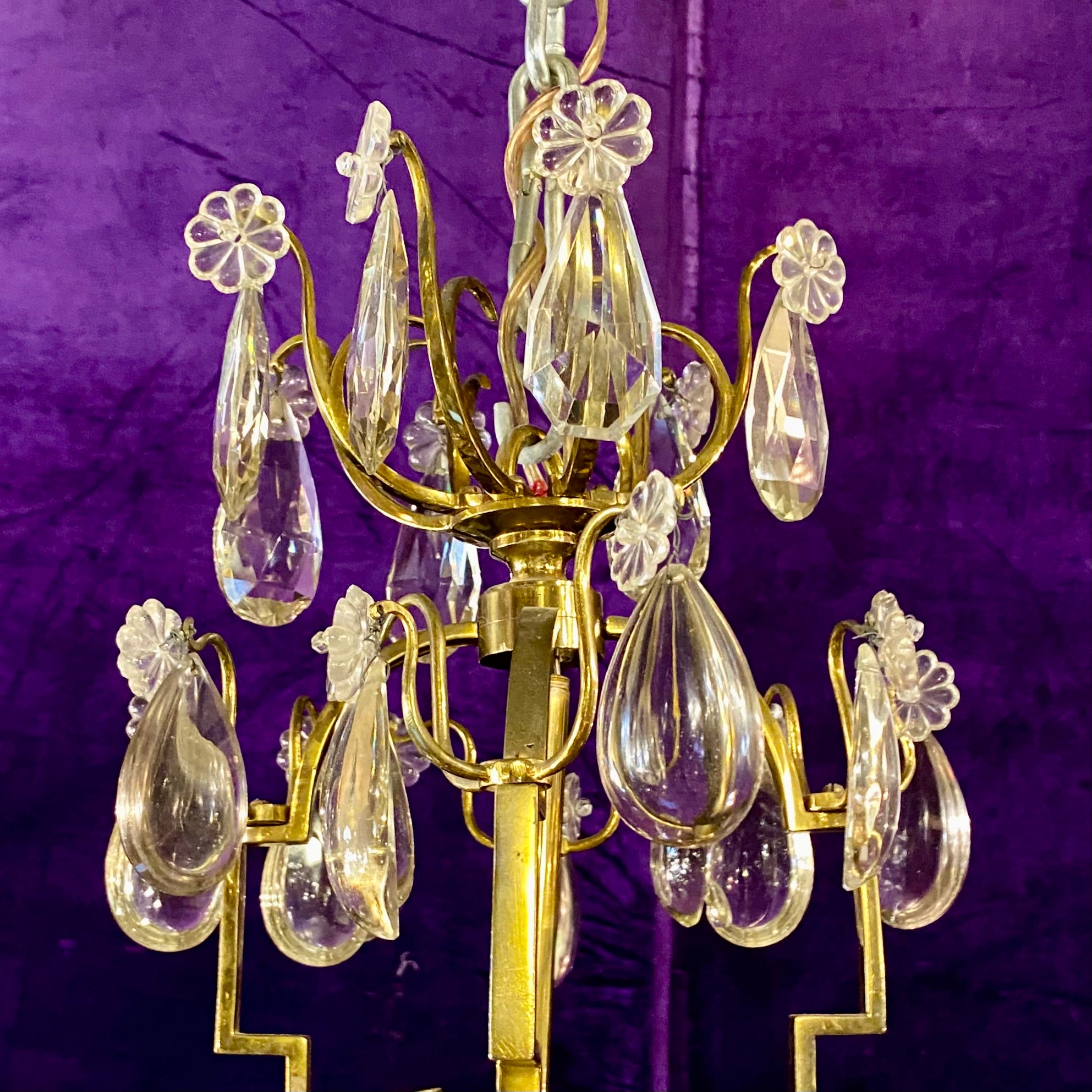 Stunning Brass Chandelier with Antique Drop Crystals