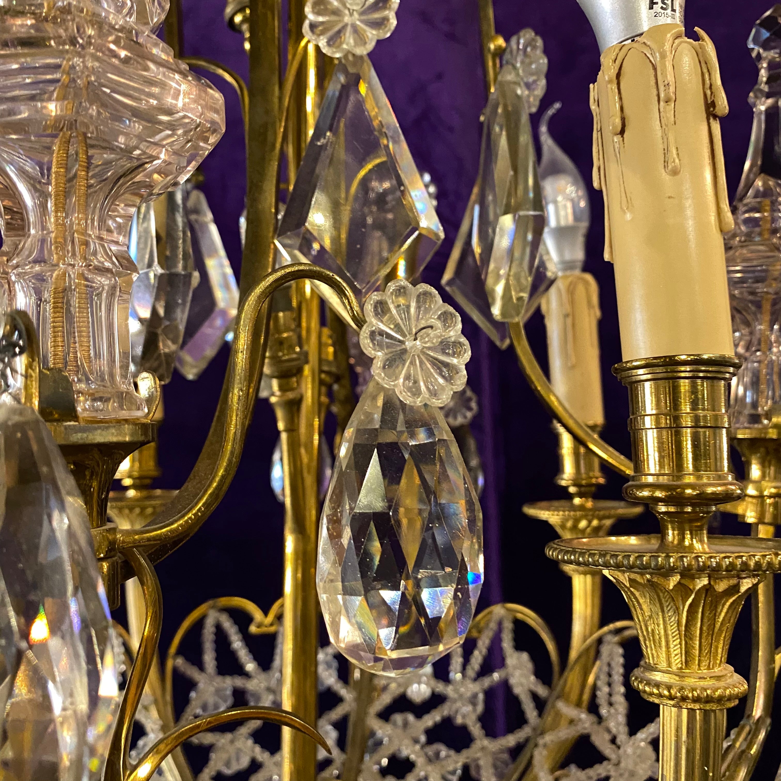 Stunning Brass Chandelier with Antique Drop Crystals