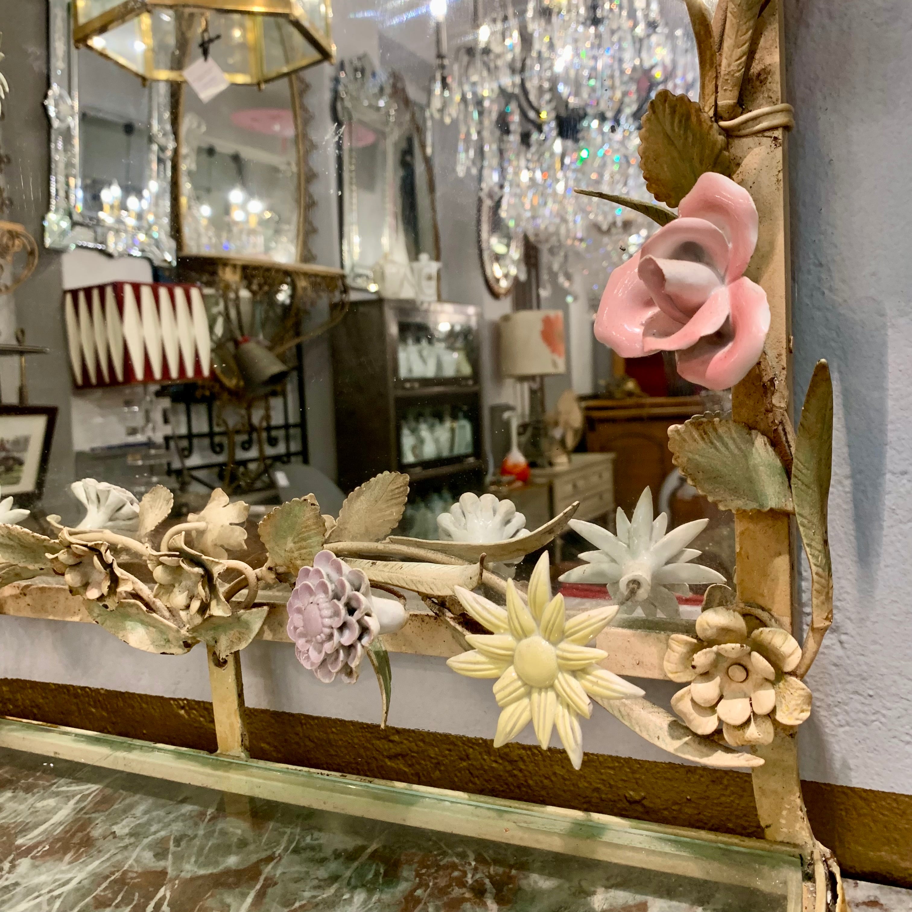 Stunning Wrought Iron Mirror with Porcelain Flowers