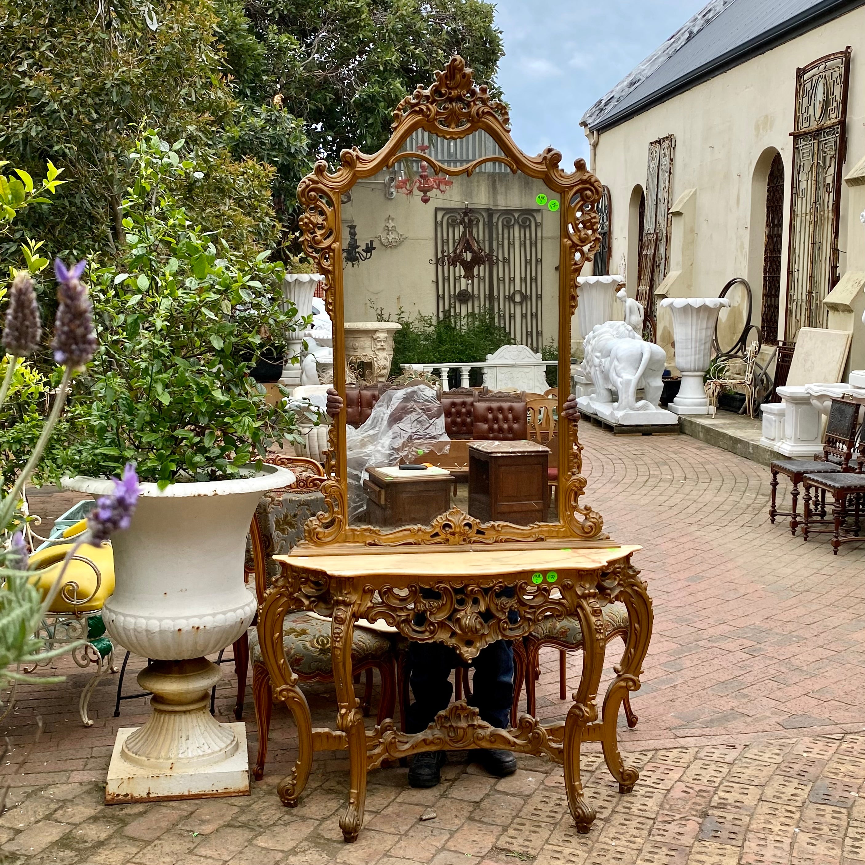 Antique Gilt Wood Mirror and Console Set with Marble Top