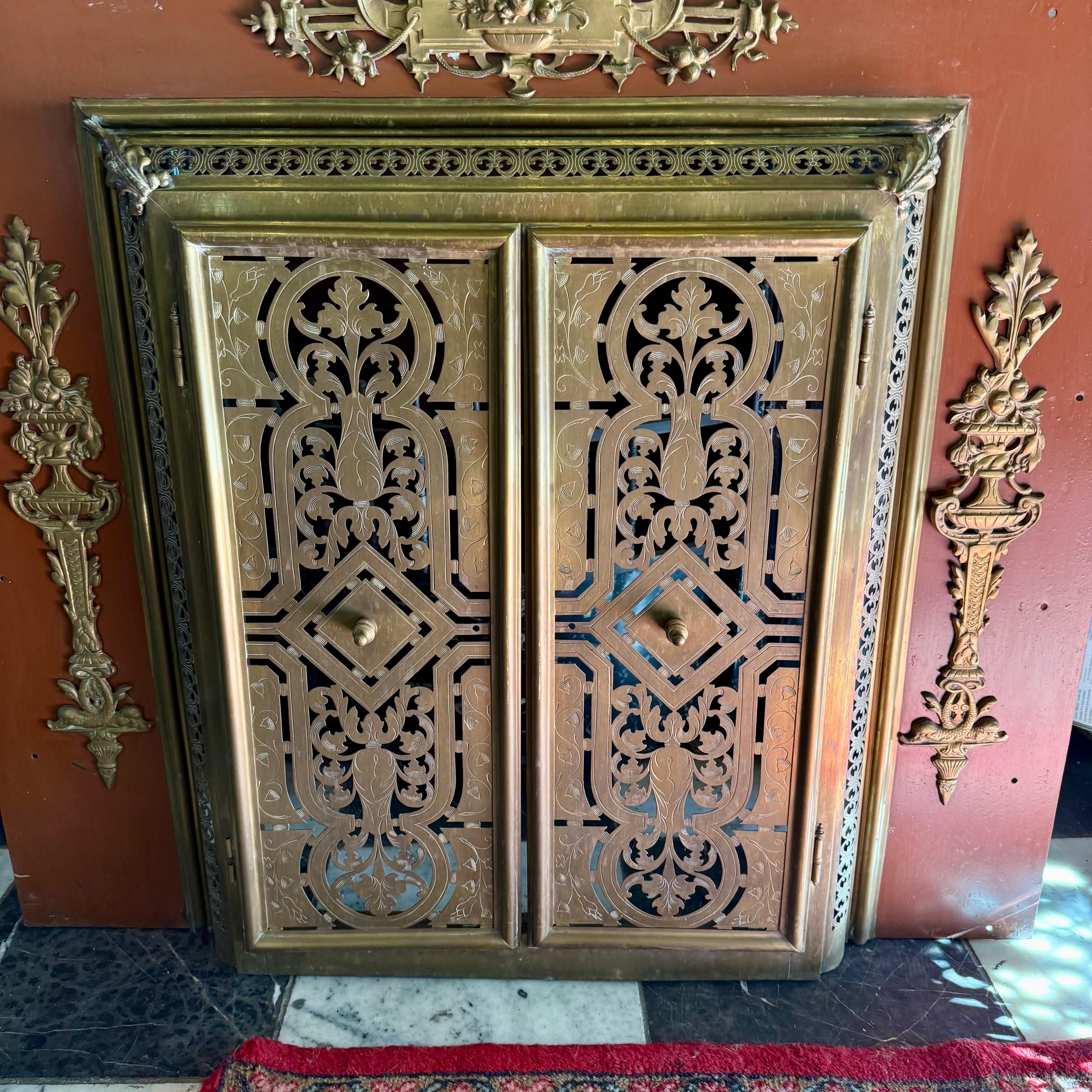 French Enamelled Metal Fireplace Surround with Brass Mounts, c. 1900