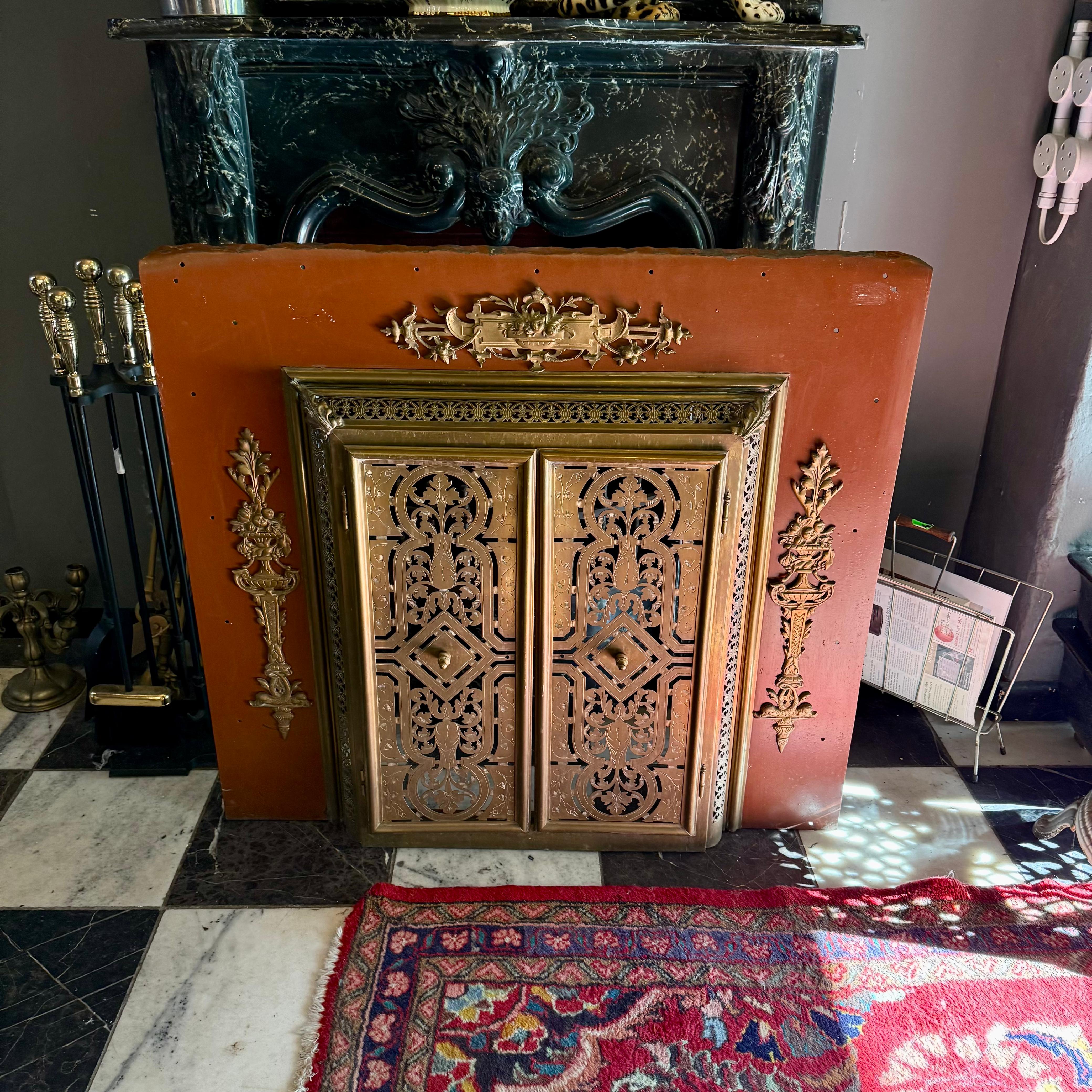 French Enamelled Metal Fireplace Surround with Brass Mounts, c. 1900