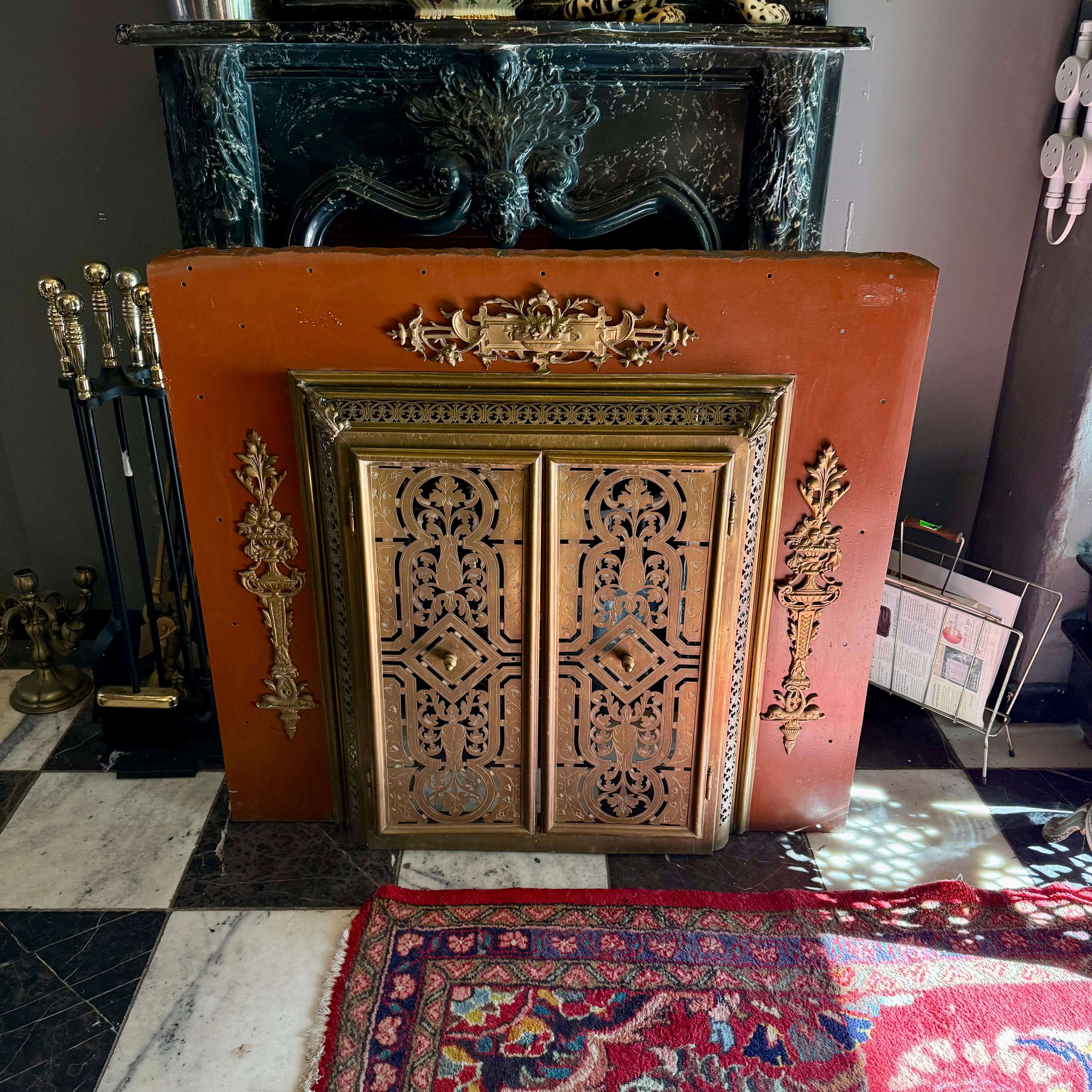 French Enamelled Metal Fireplace Surround with Brass Mounts, c. 1900