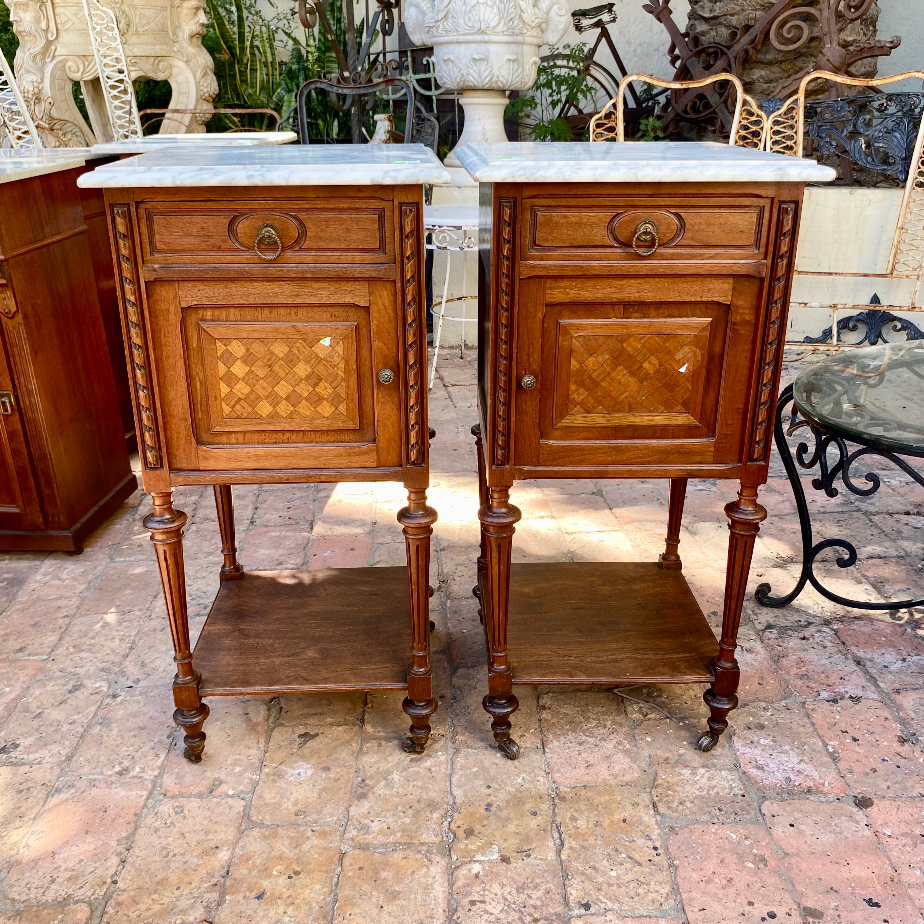 Stunning Pair of Antique Bedside Pedestals with Parquet Details - SOLD