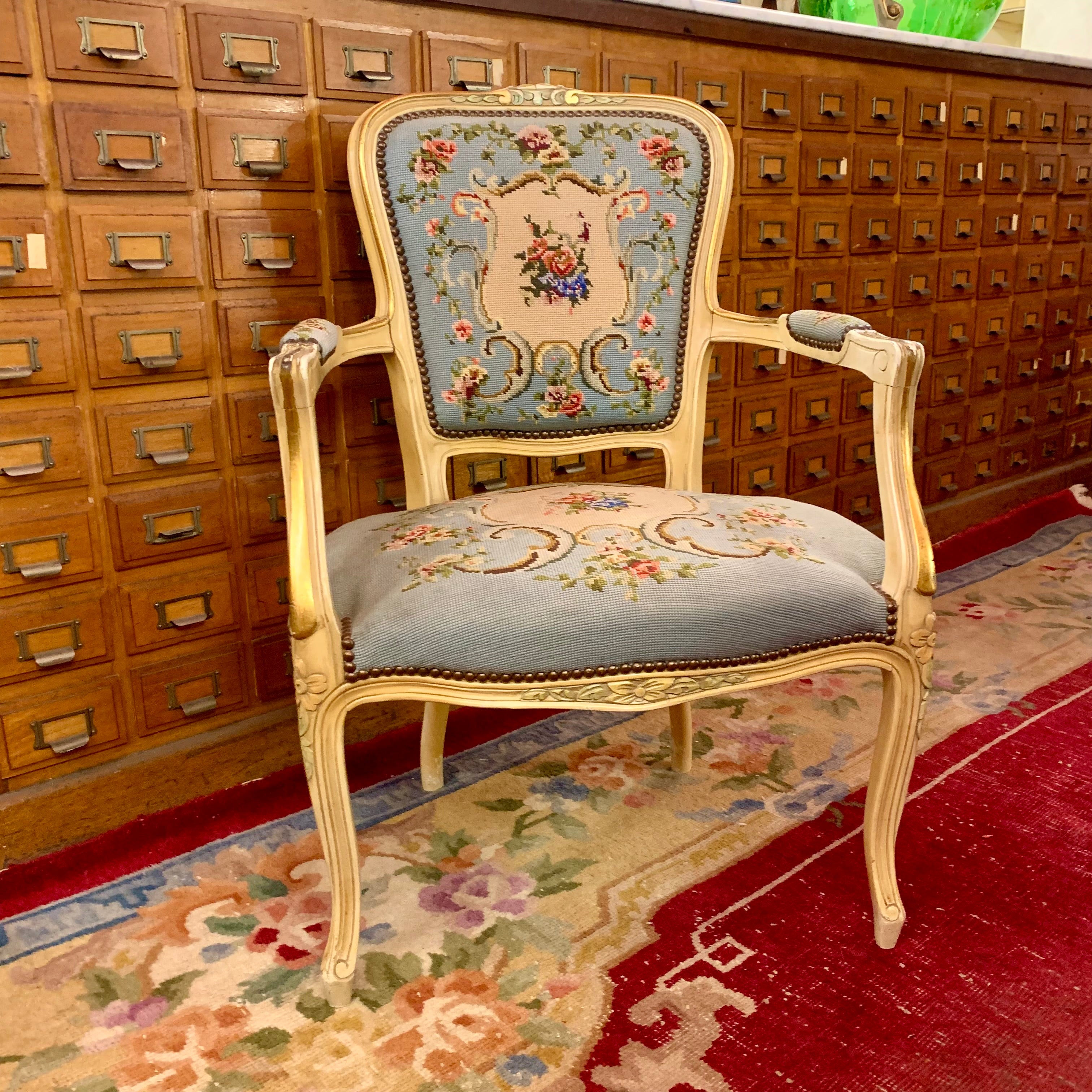 Stunning Antique Blue and Floral Needlepoint Armchair