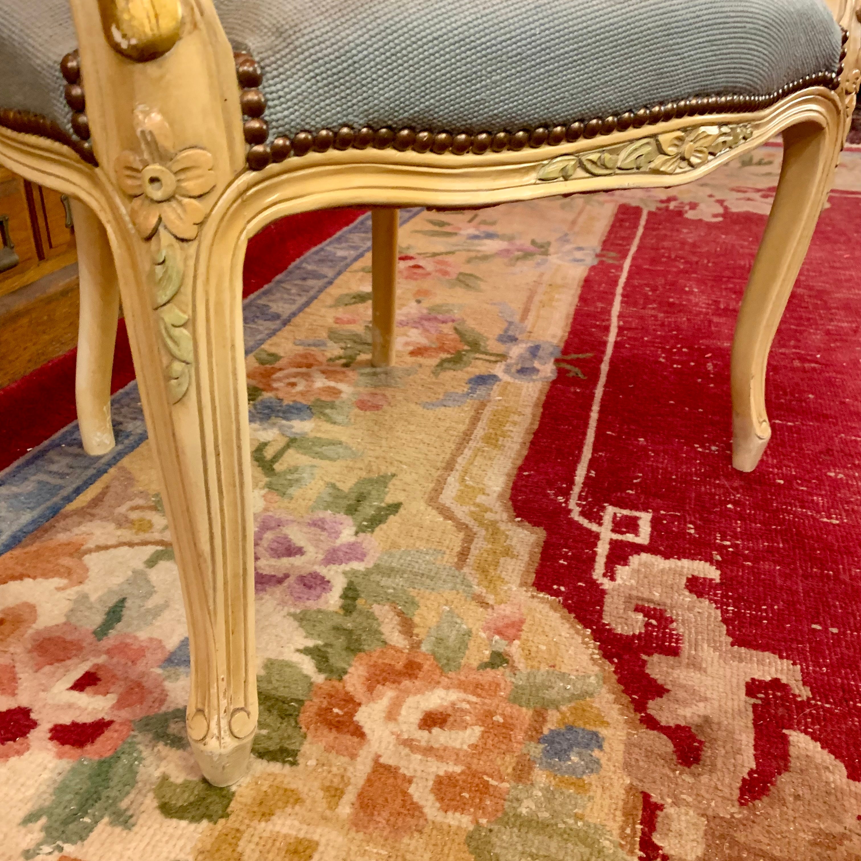 Stunning Antique Blue and Floral Needlepoint Armchair