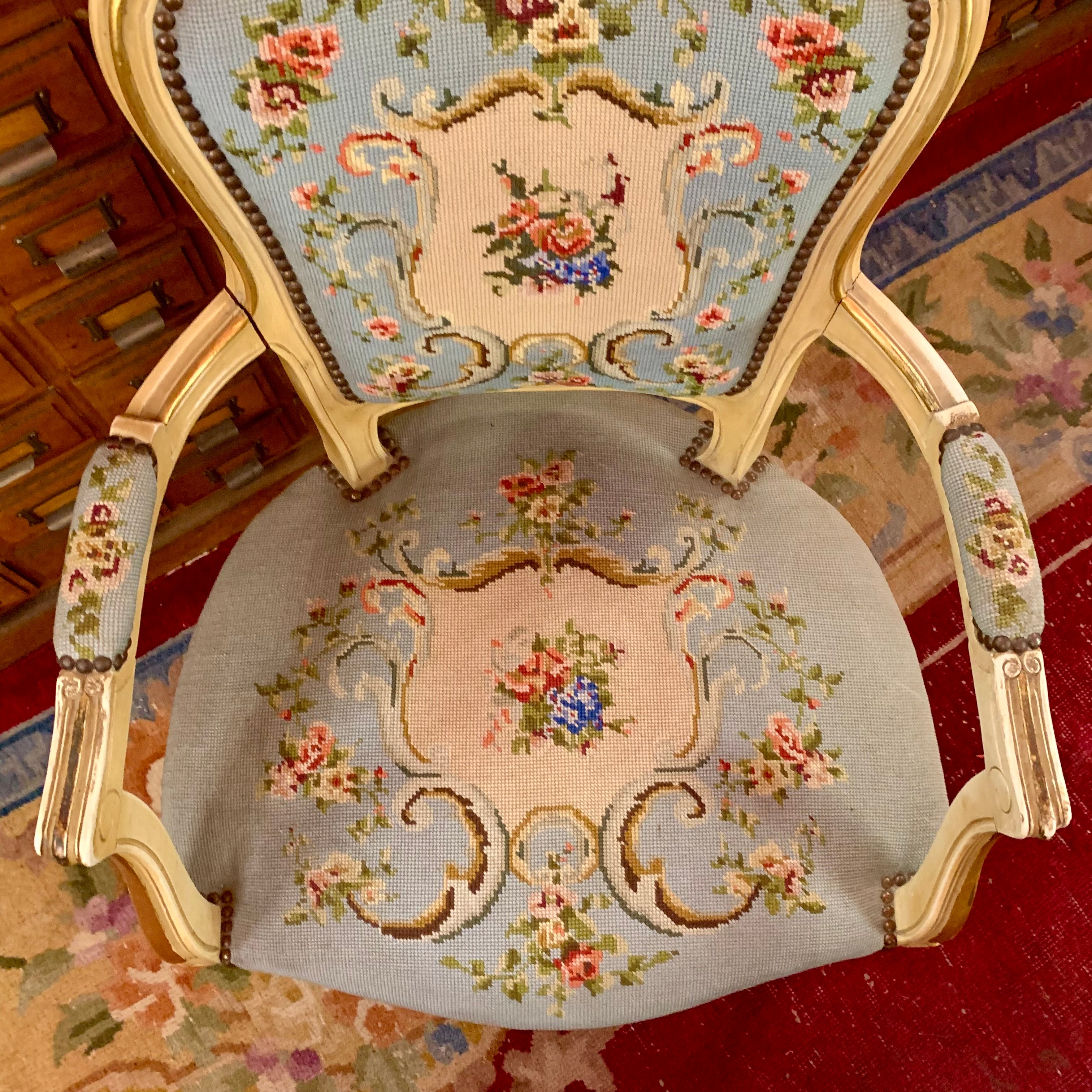 Stunning Antique Blue and Floral Needlepoint Armchair