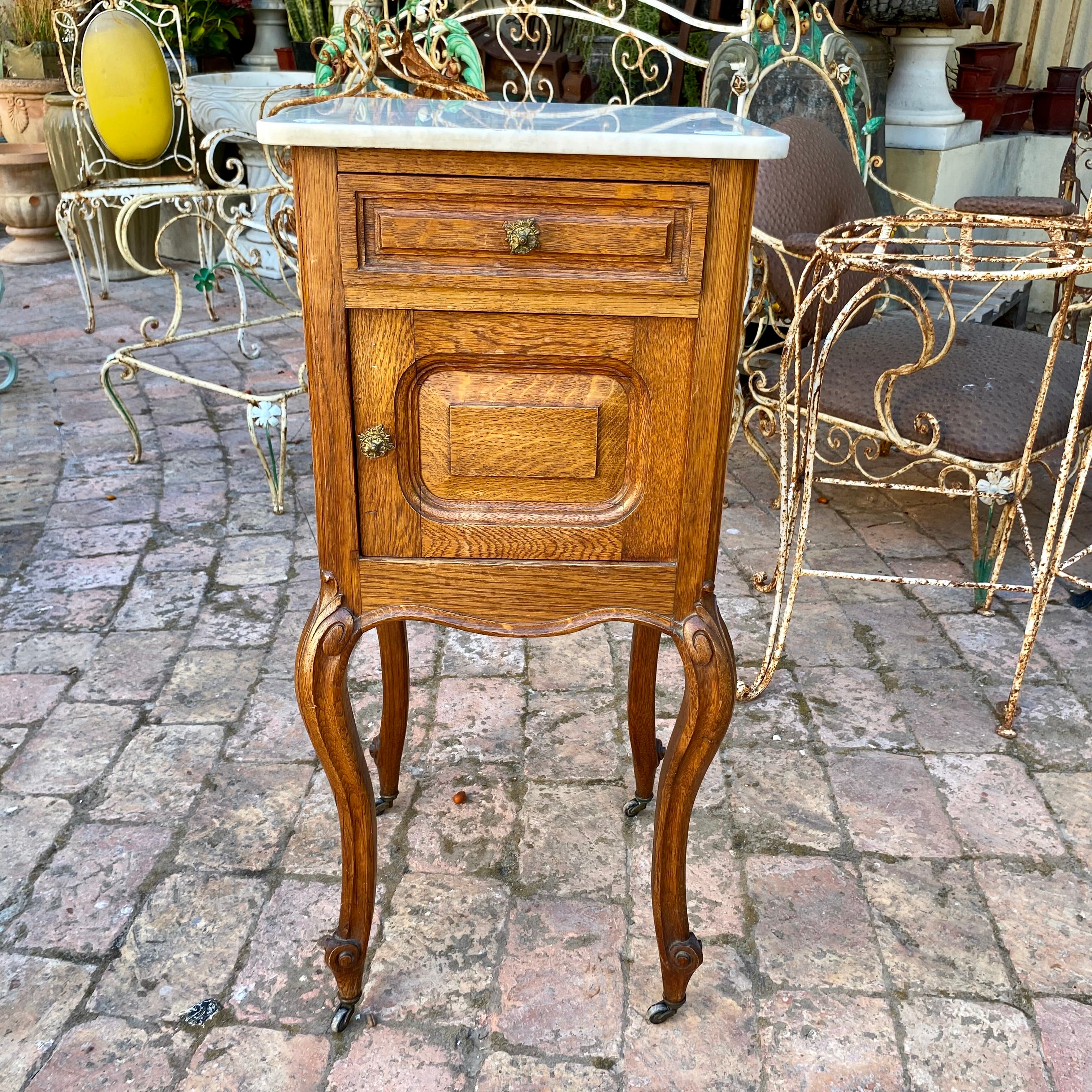 Single Antique Oak with Marble Top Bedside Pedestal - SOLD