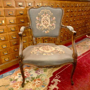 Pretty Pastel Floral Antique Oak Needlepoint Armchair - SOLD