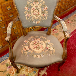 Pretty Pastel Floral Antique Oak Needlepoint Armchair - SOLD