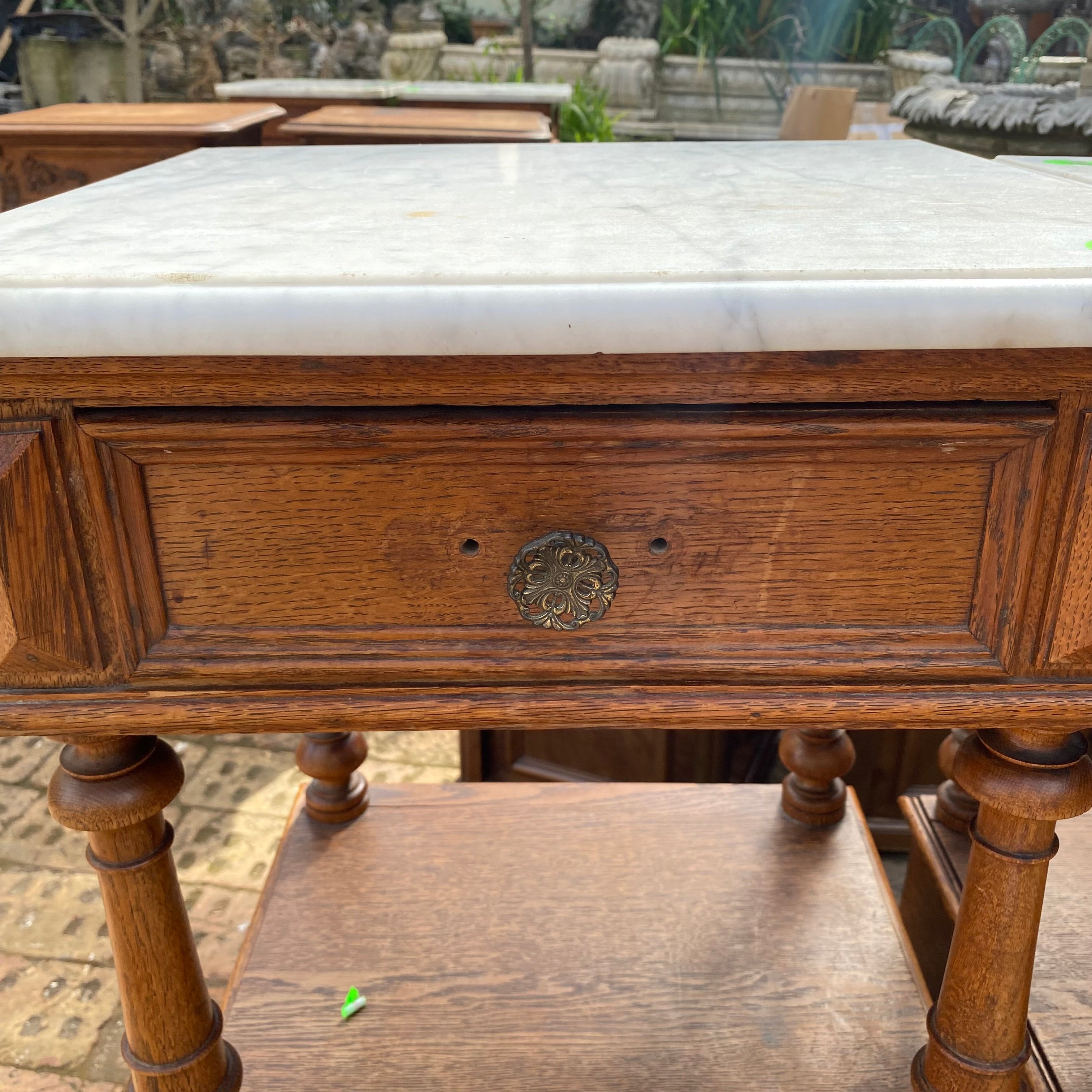 Antique Oak Bedside Pedestals with White Marble Top - SOLD