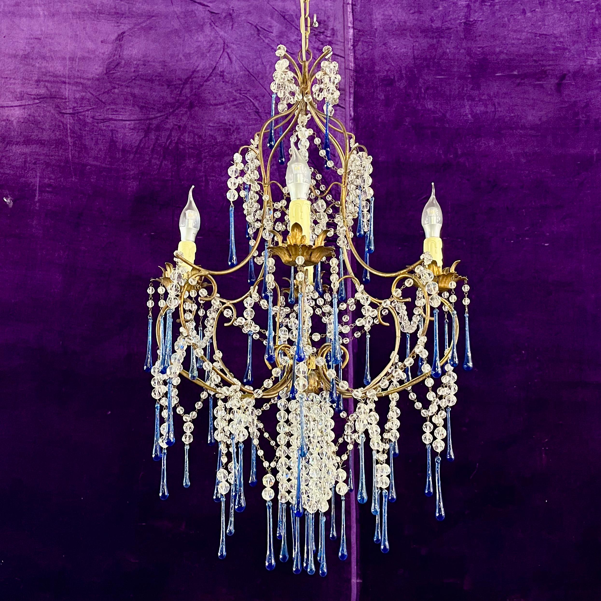 Murano Chandelier with Cobalt Blue Glass Drops, c.1950s–60s