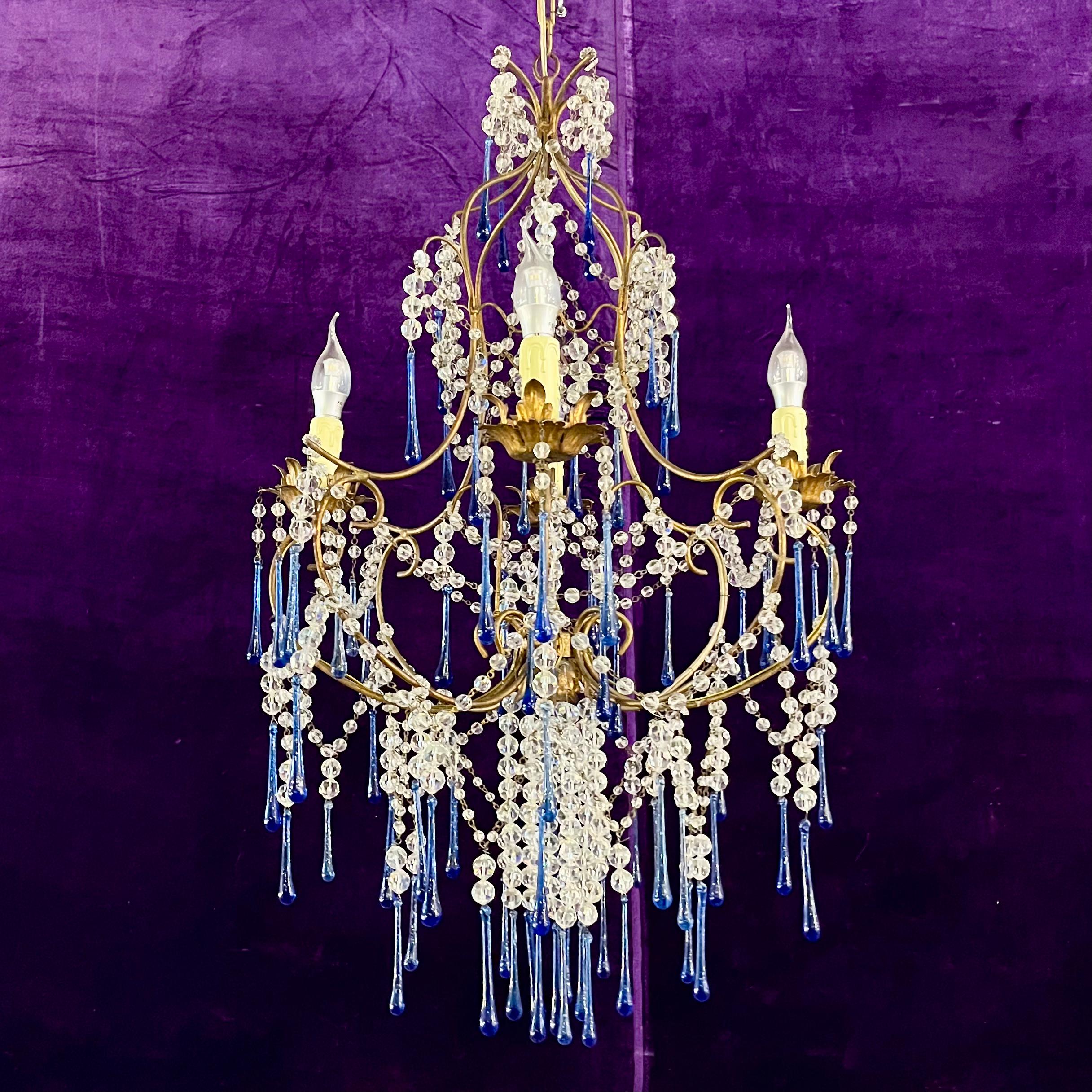 Murano Chandelier with Cobalt Blue Glass Drops, c.1950s–60s
