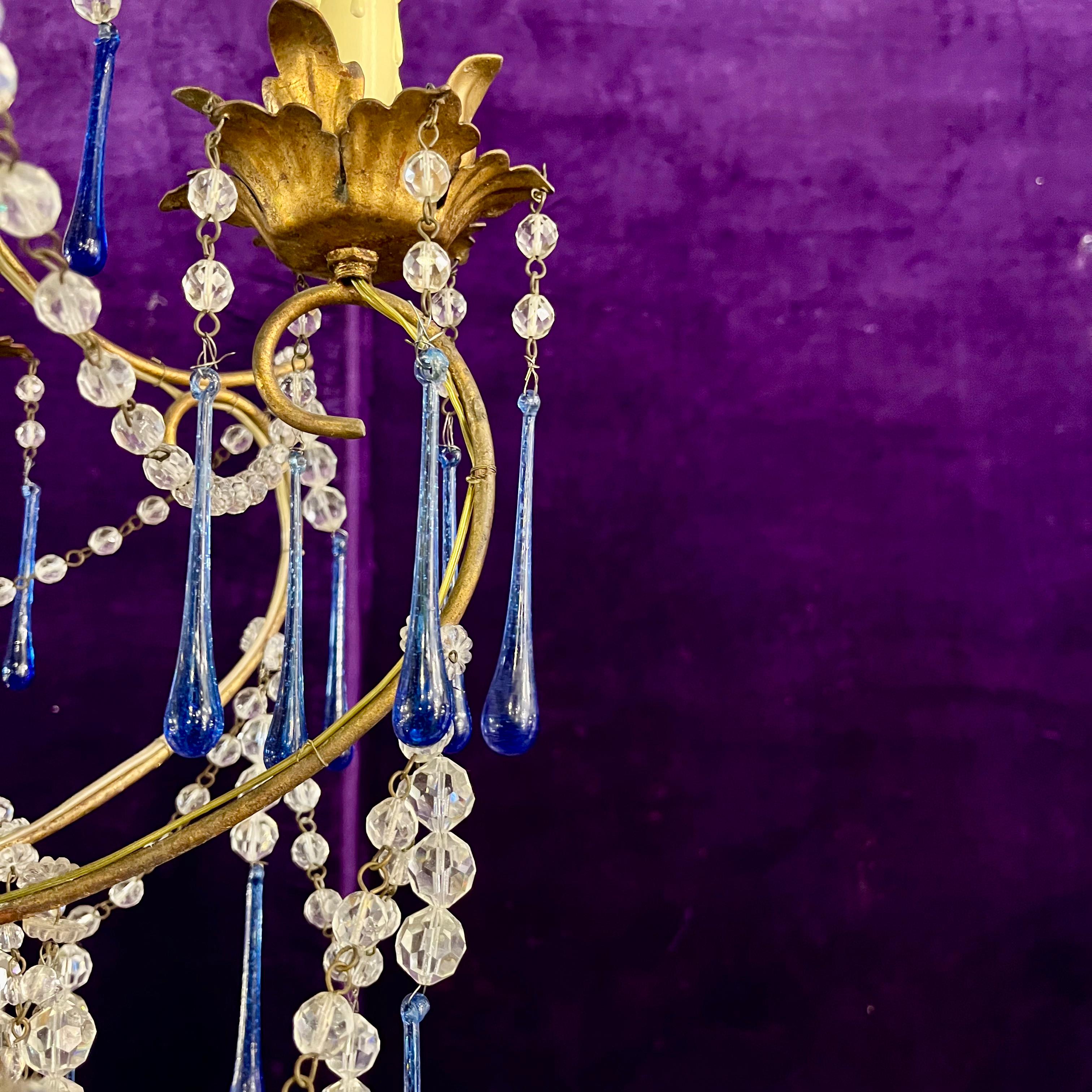 Murano Chandelier with Cobalt Blue Glass Drops, c.1950s–60s