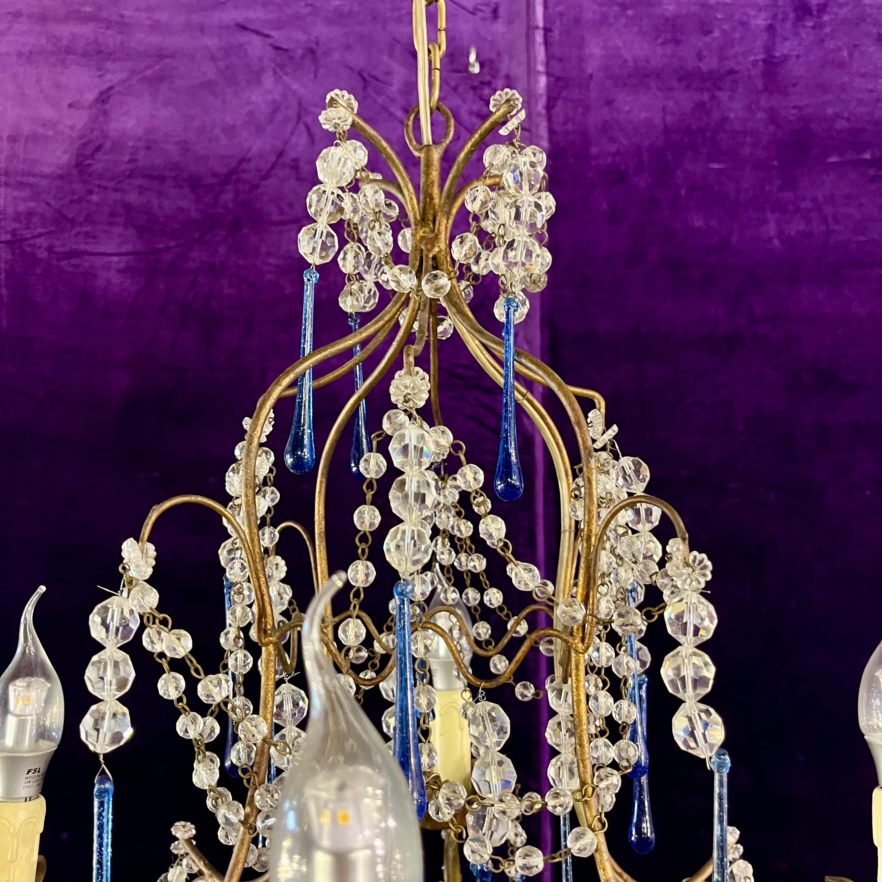 Murano Chandelier with Cobalt Blue Glass Drops, c.1950s–60s