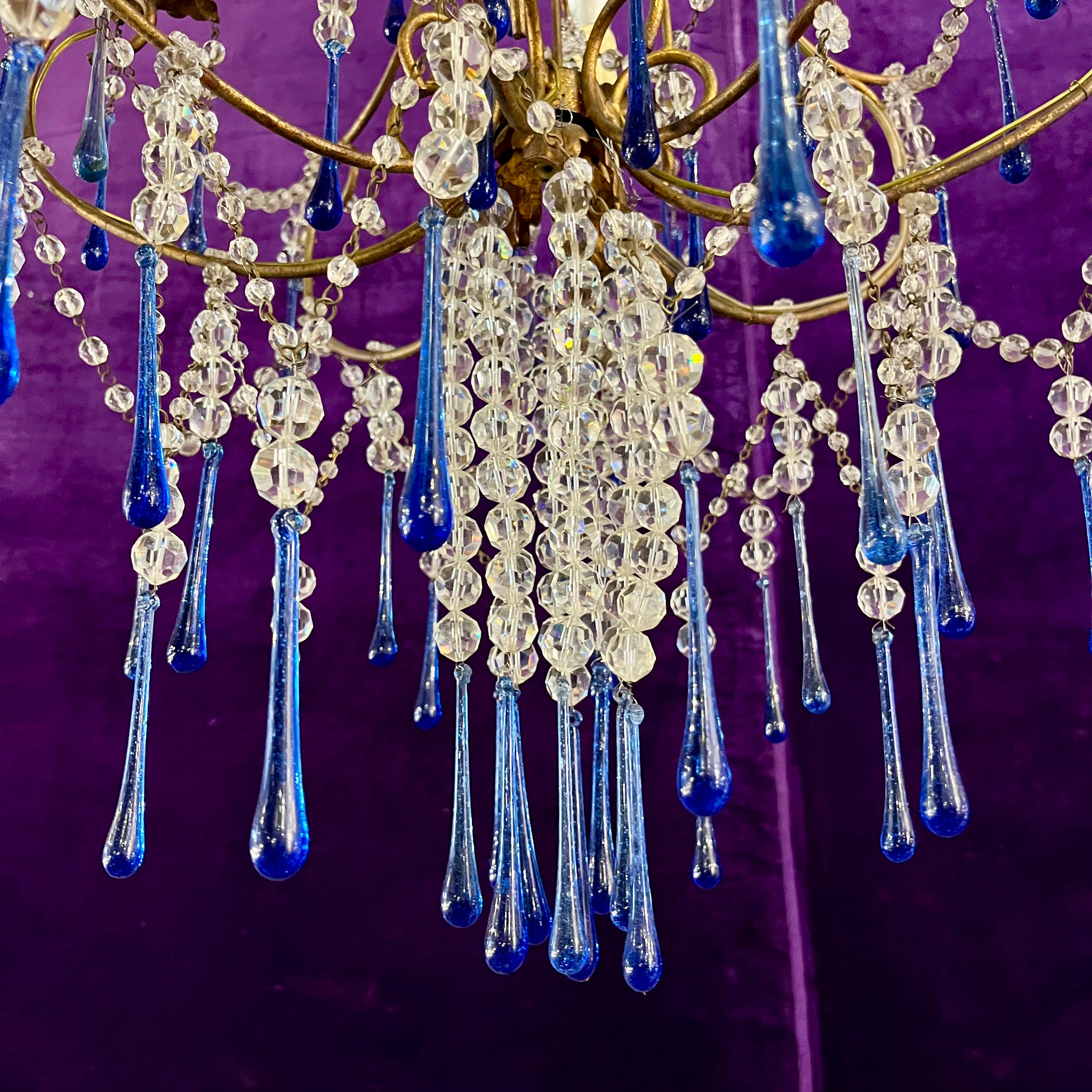 Murano Chandelier with Cobalt Blue Glass Drops, c.1950s–60s
