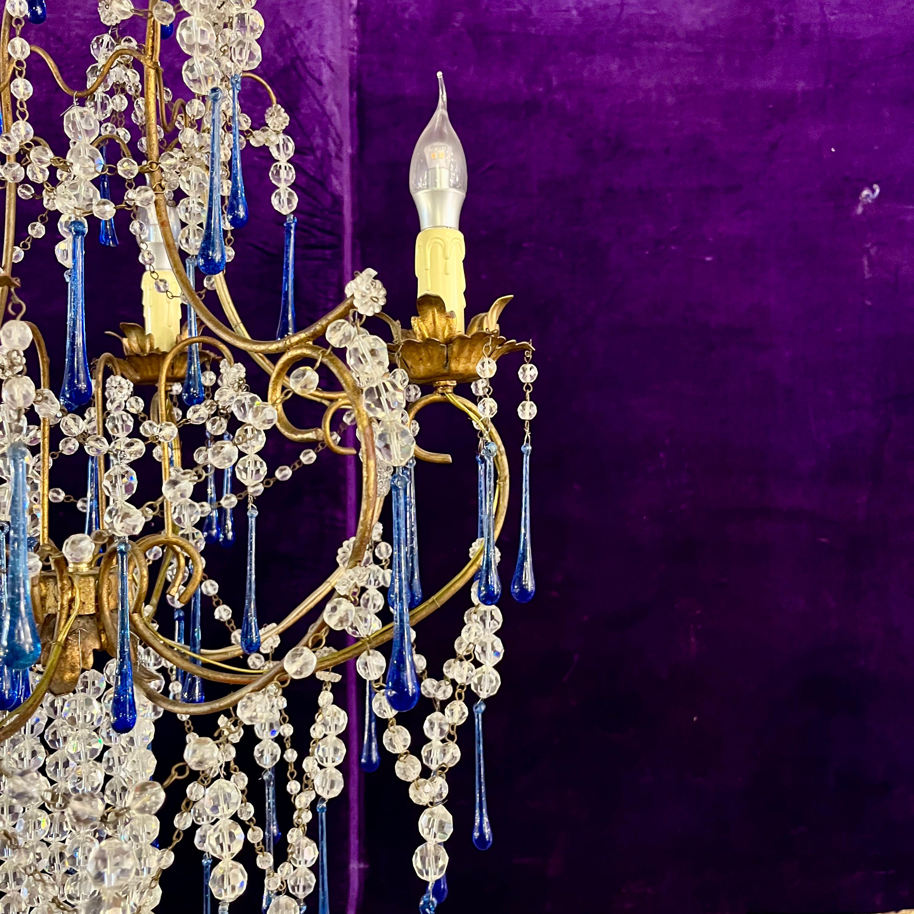Murano Chandelier with Cobalt Blue Glass Drops, c.1950s–60s