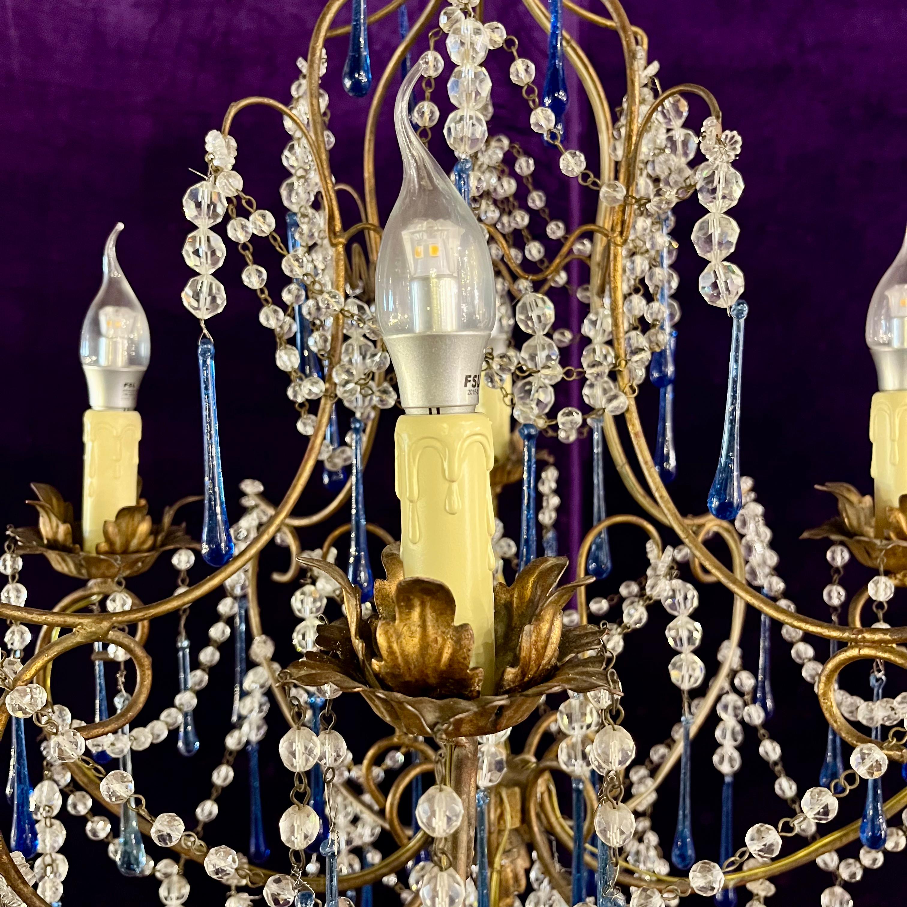 Murano Chandelier with Cobalt Blue Glass Drops, c.1950s–60s