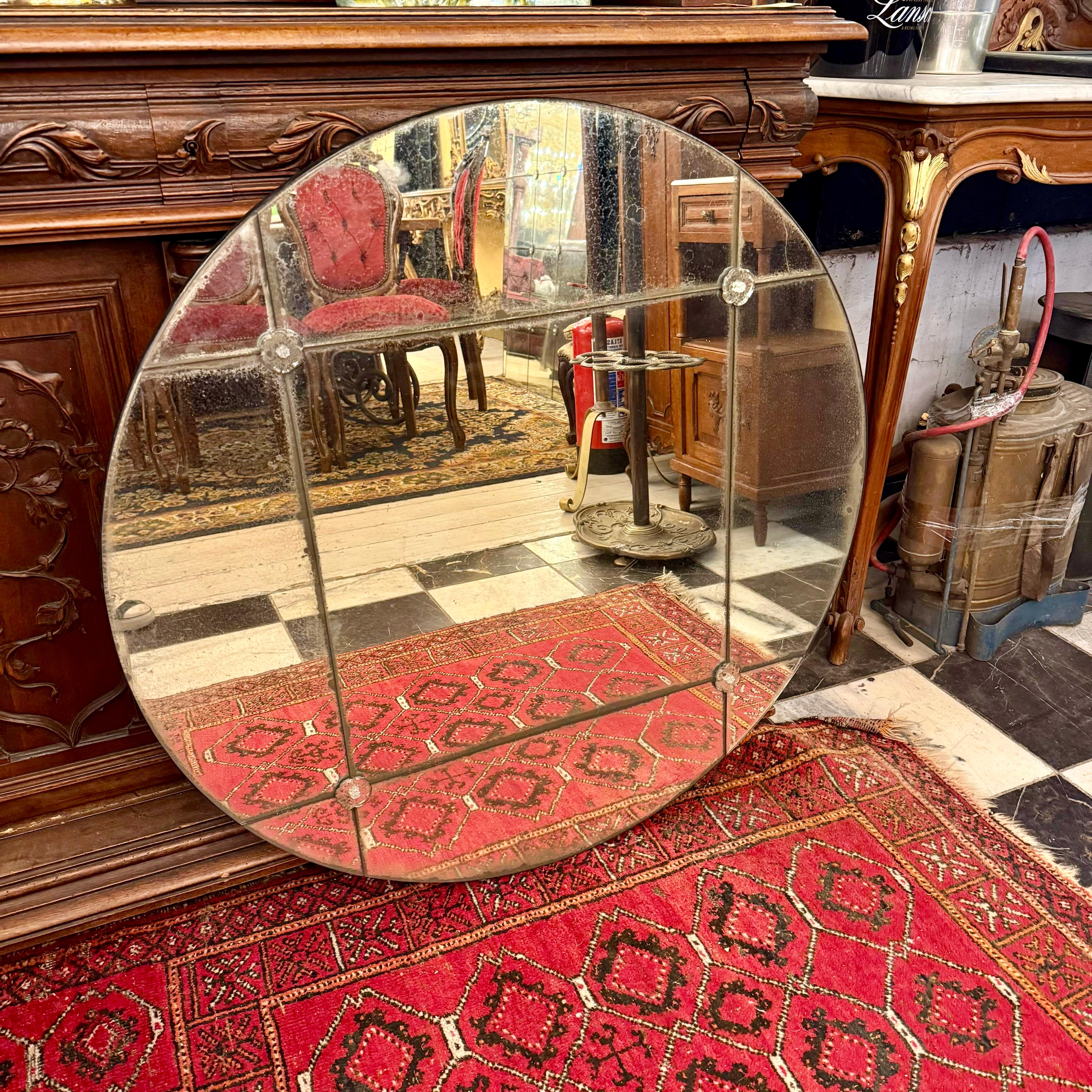 Aged Circle Panelled Mirror with Rosettes