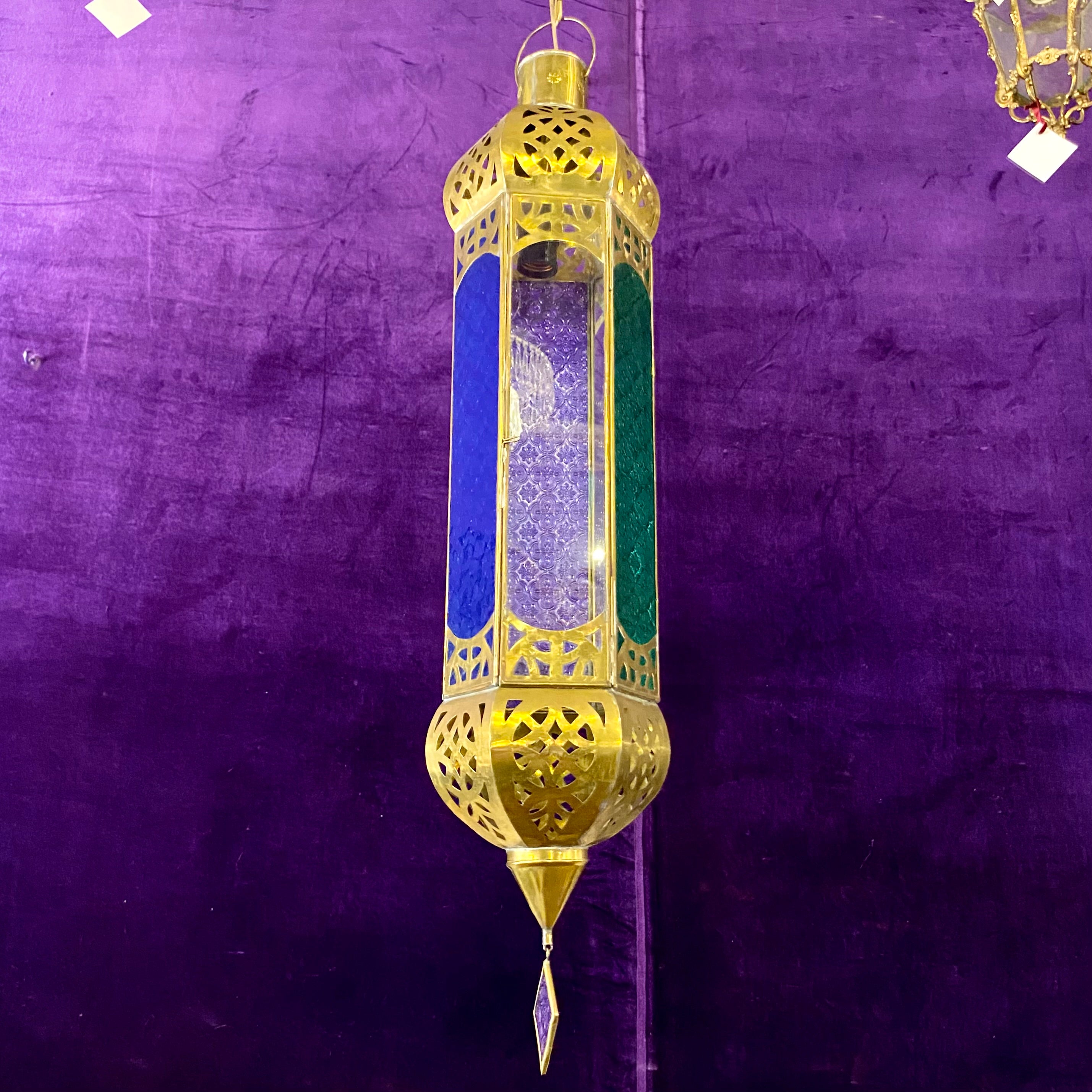 Moroccan Style Brass Lantern with Pressed Glass Panels - SOLD