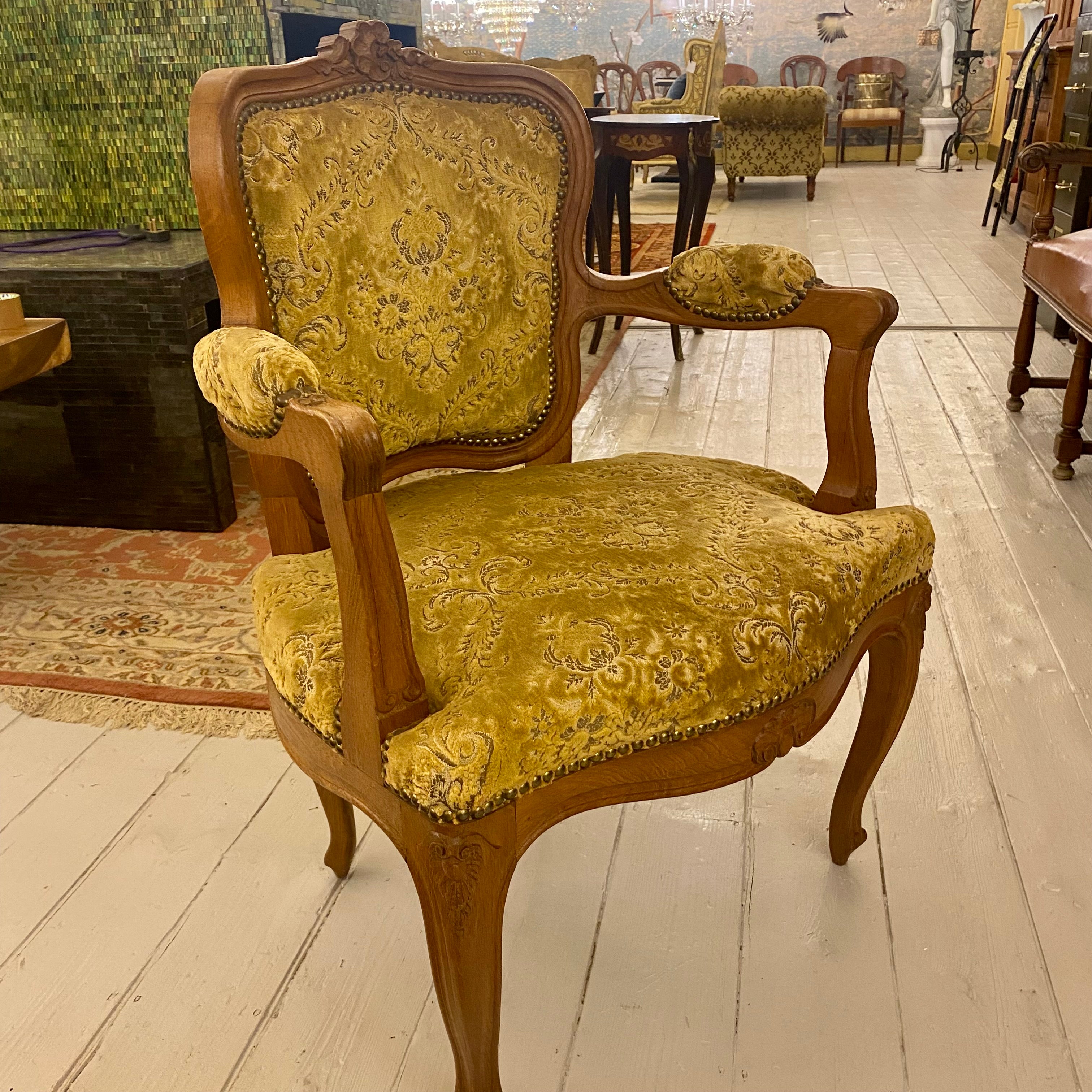 French Oak Upholstered Pair of Armchairs