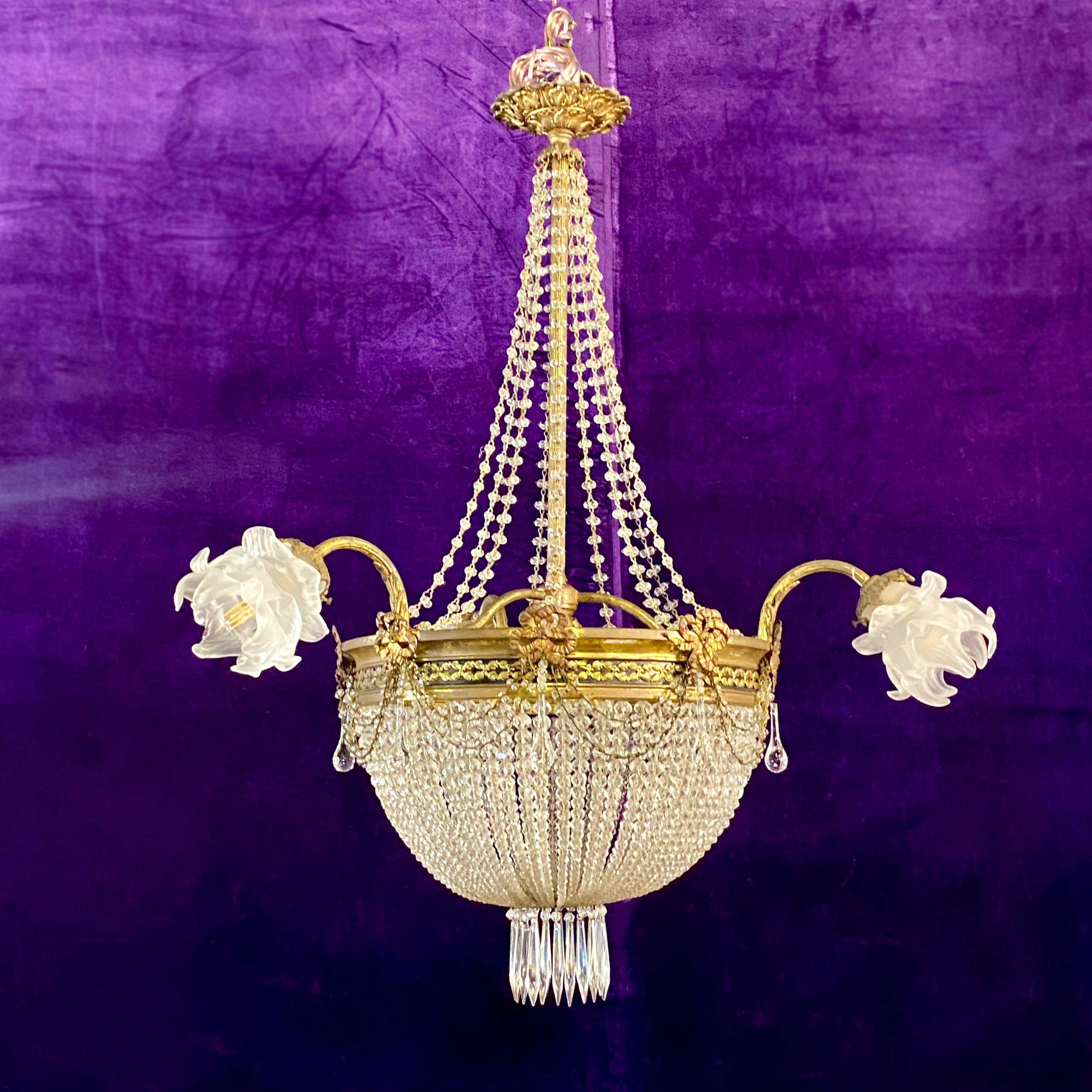 Antique Crystal Bead Neoclassical Chandelier