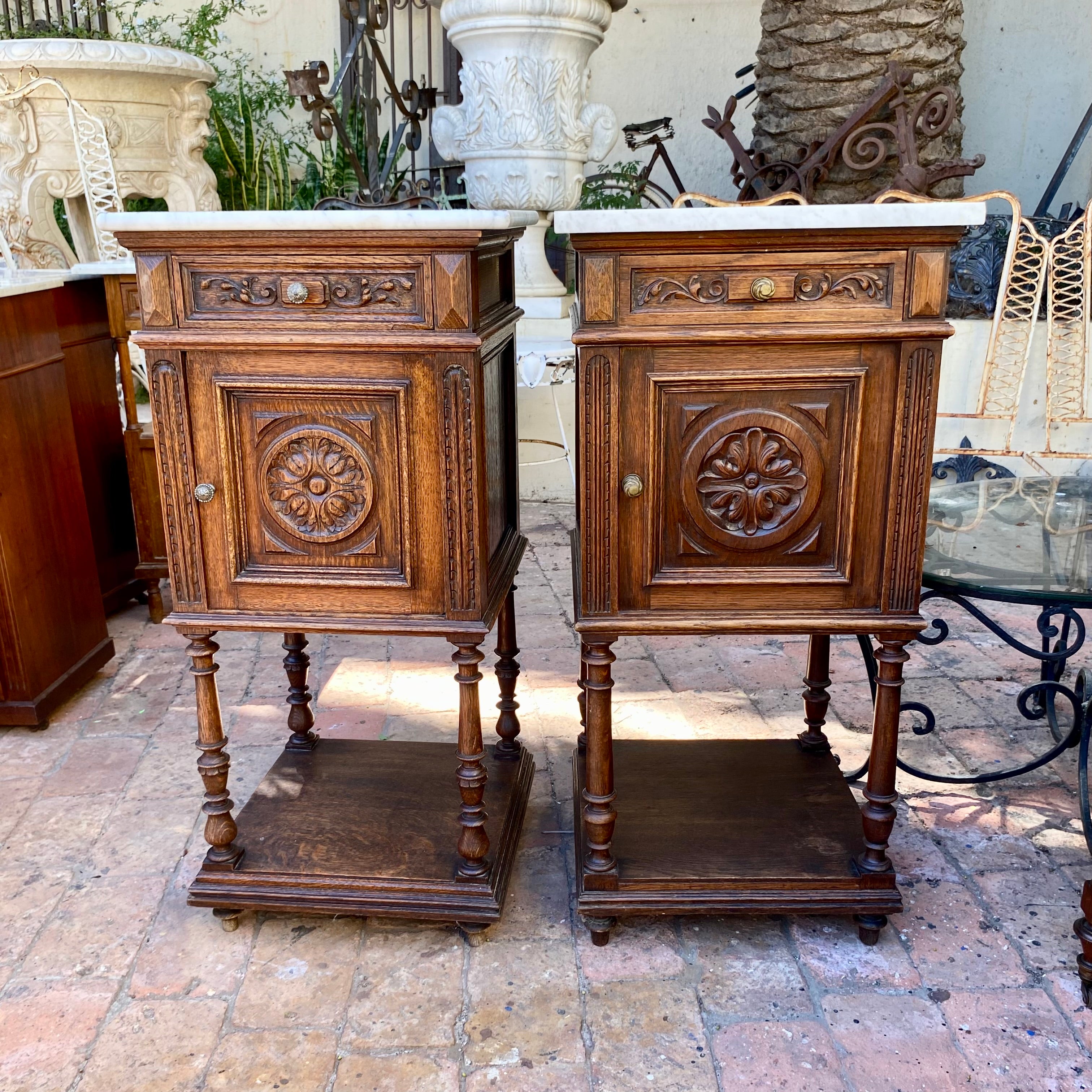 Art Nouveau Oak Bedside Pedestals with Marble Top - SOLD